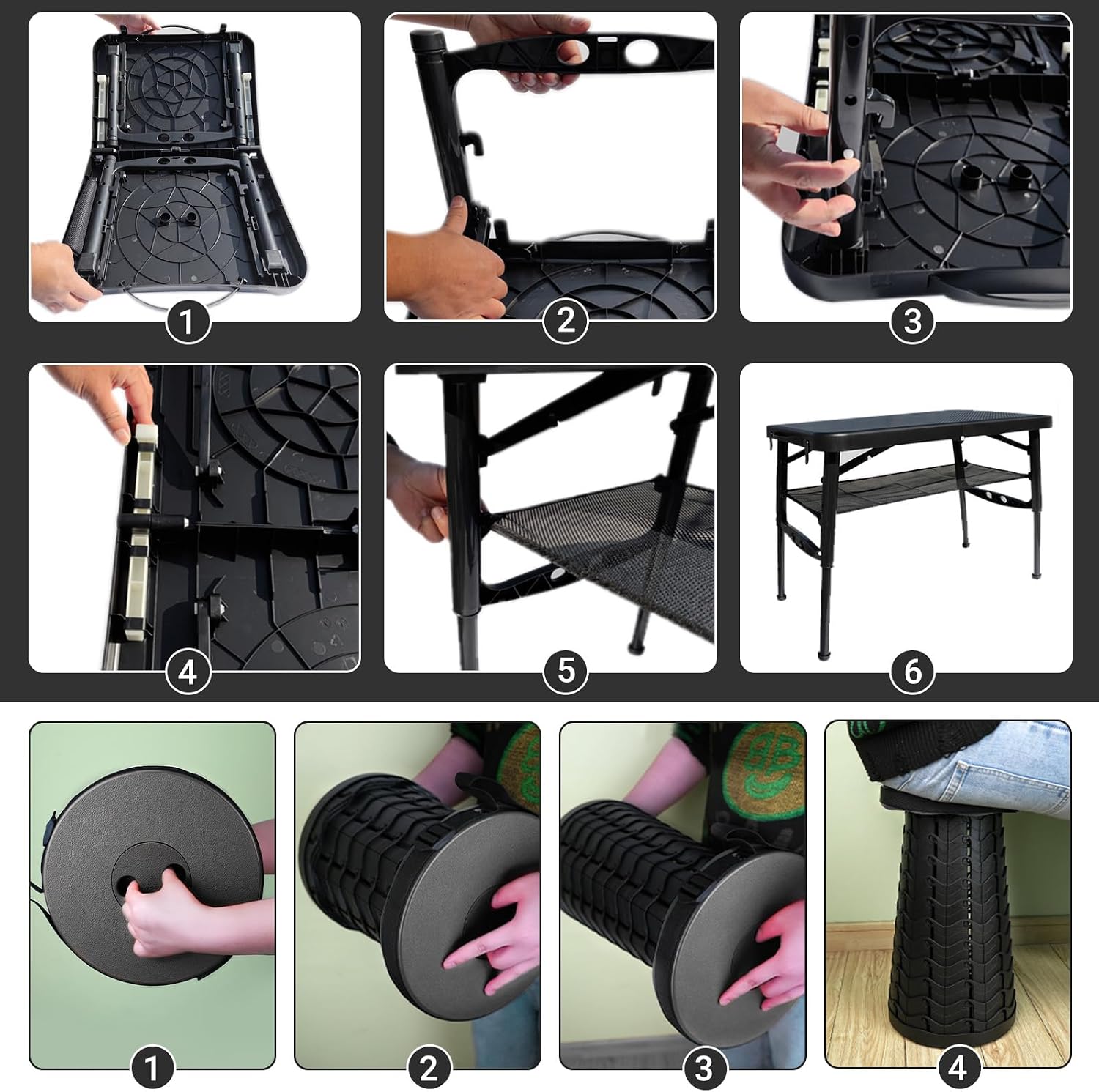 Folding Table and Stool, Small, Black, 4 Foot Outdoor Portable Table, Adjustable Height, Camping, Picnic, RV Table