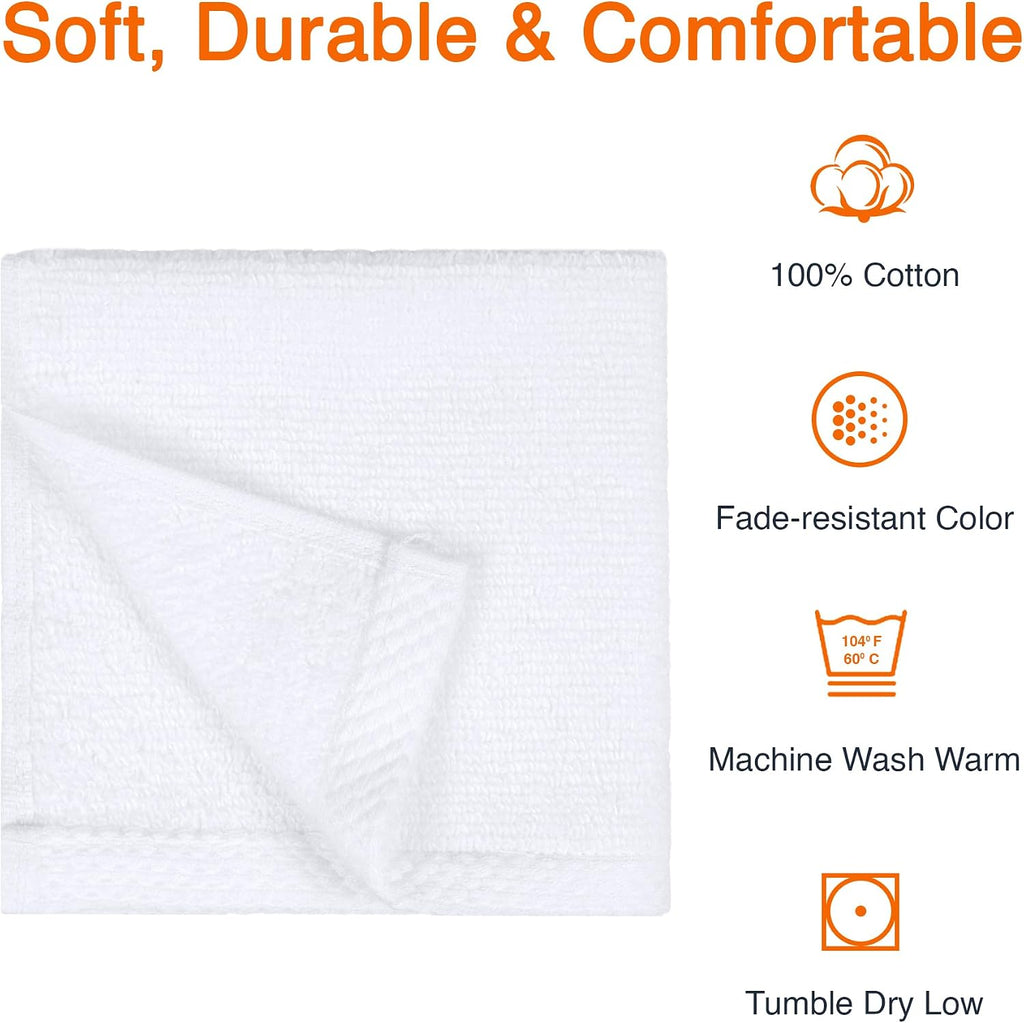 Cotton Washcloths, Lightweight Quick-Dry, Absorbent Face and Body Towel Set, 12" x 12", White, 12-Pack