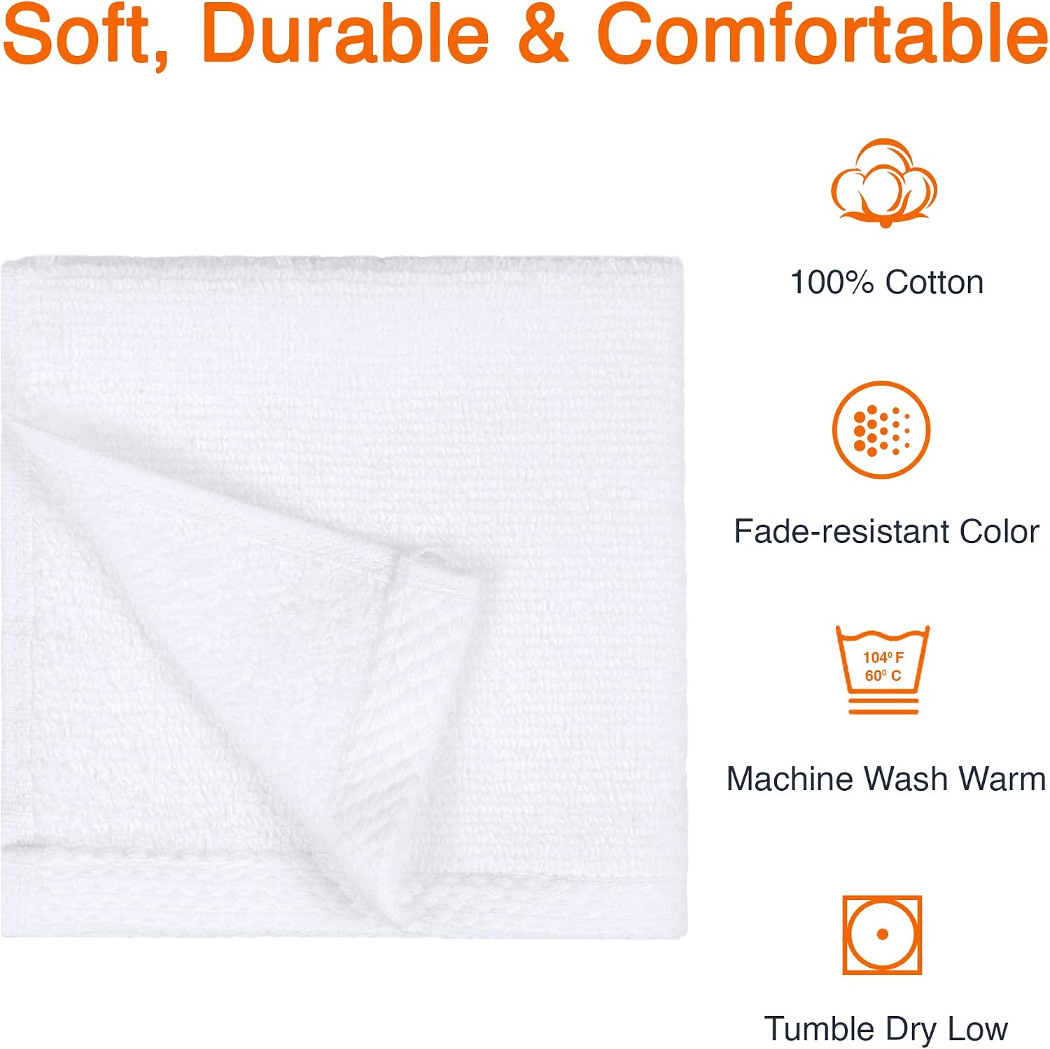 Cotton Washcloths, Lightweight Quick-Dry, Absorbent Face and Body Towel Set, 12" x 12", White, 12-Pack