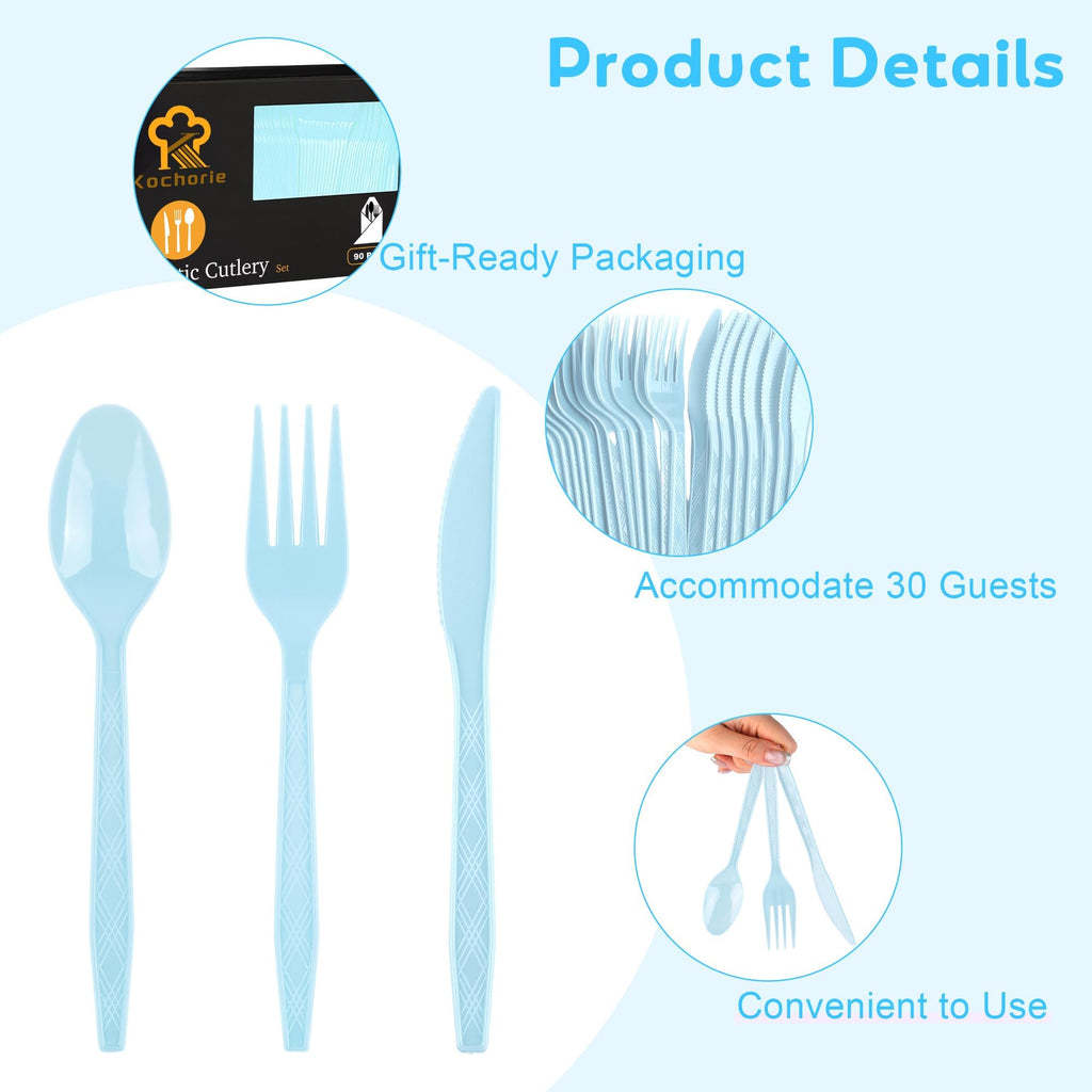 90 Pieces Light Blue Plastic Cutlery Set