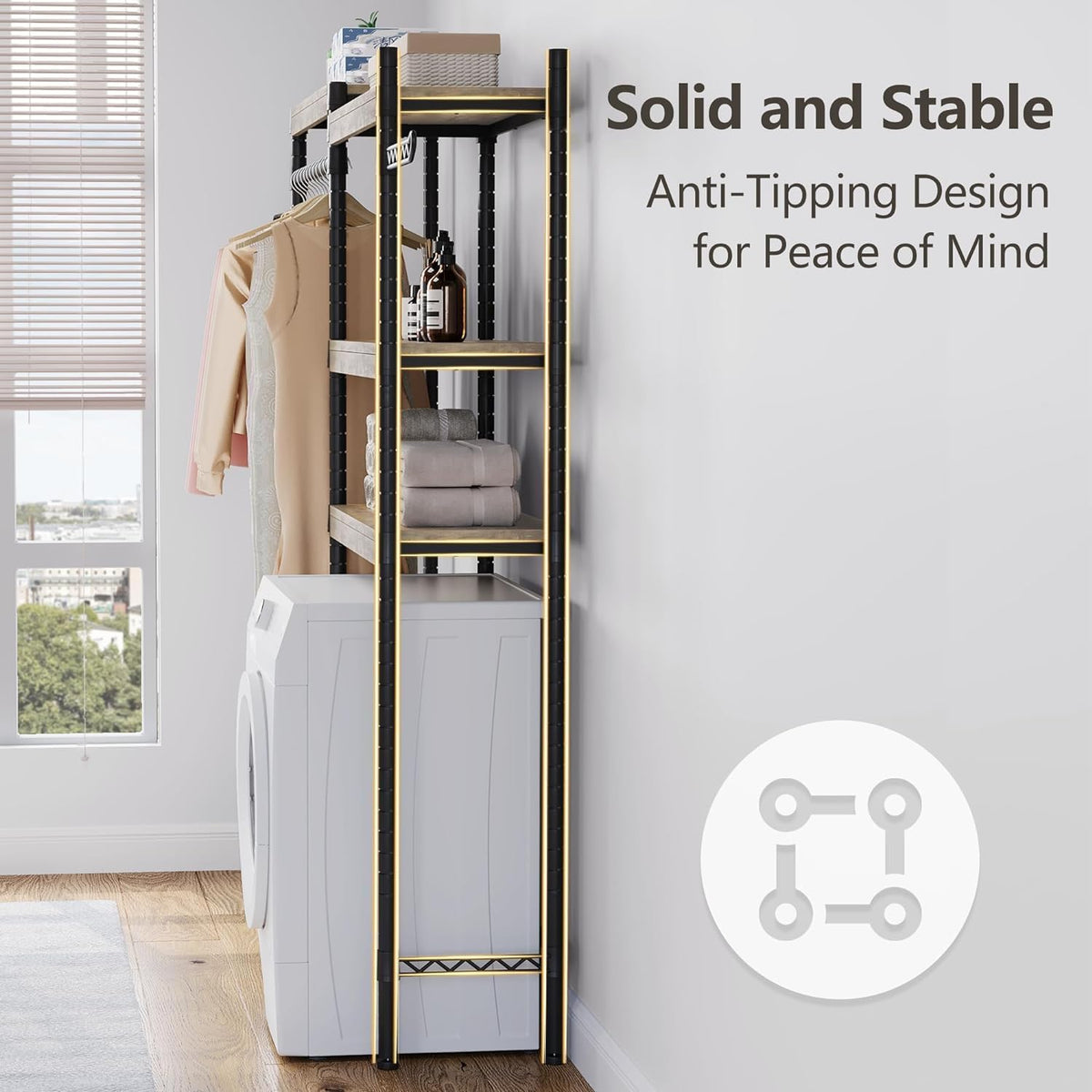 5-Tier Over-The-Washer Storage Shelf - Adjustable Height Laundry Organizer with Double-Layer Wood Shelves