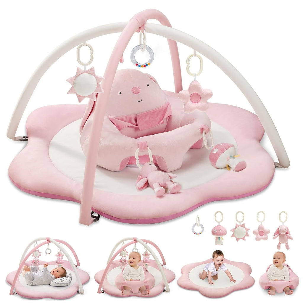 3-in-1 Baby Play Mat, Baby Seats for Infants for Sitting Up, Tummy Time Mat with 5 Detachable Toys, Activity Gym &