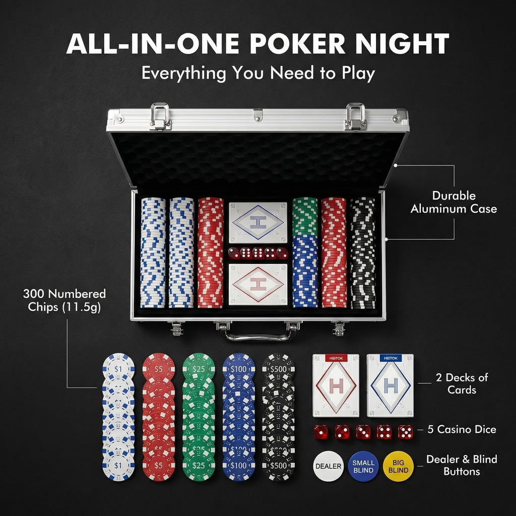 300pc Poker Chip Set 11.5g Iron Core Denominations Texas Holdem | 2-8 players, numbered values 1/5/25/100/500