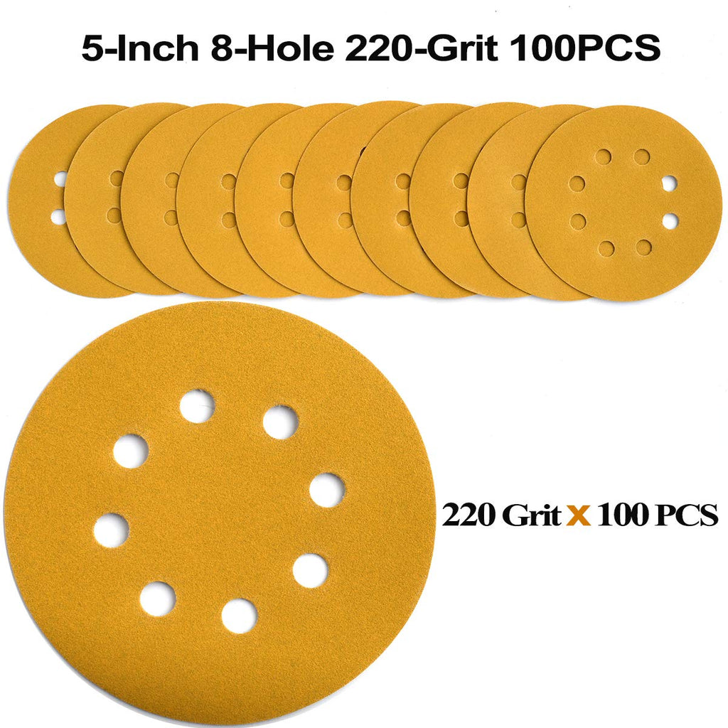 5-Inch 8-Hole Hook and Loop Sanding Discs 220-Grit, 100-Pack