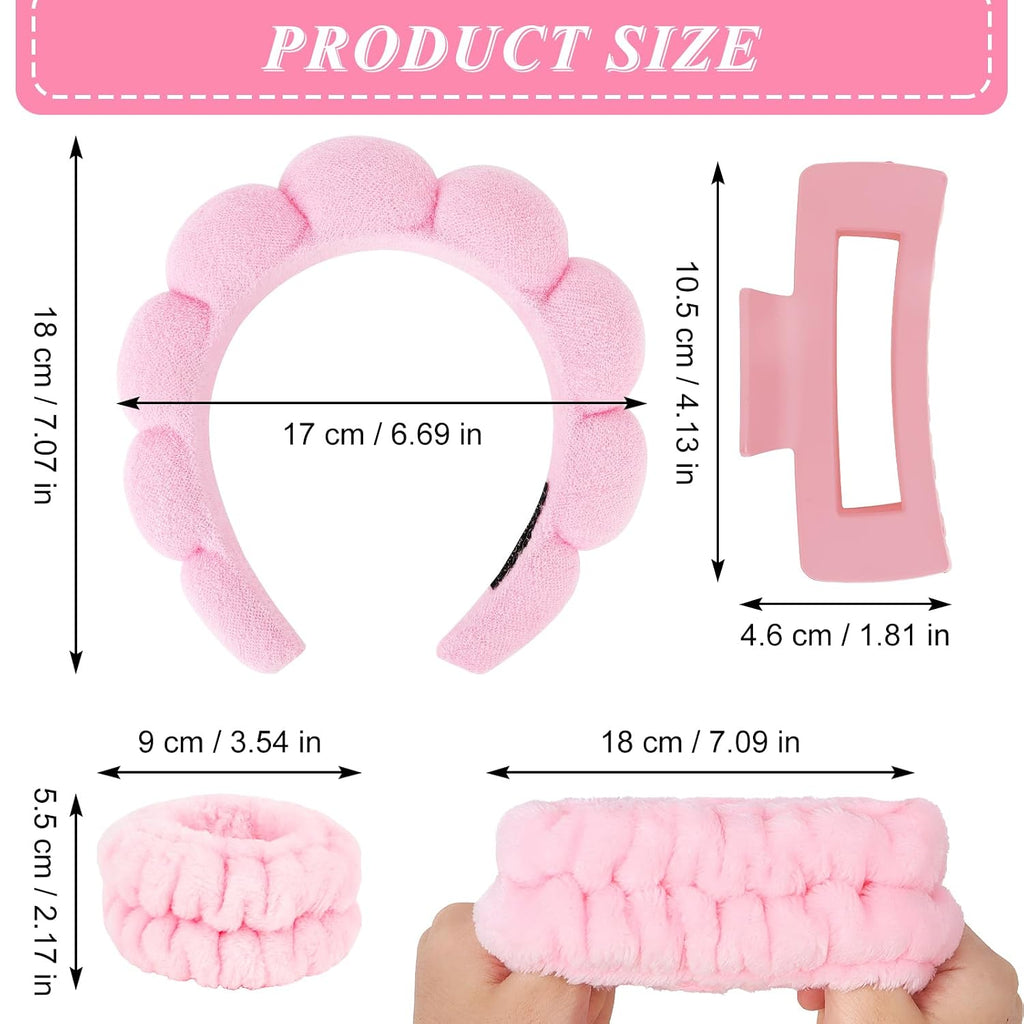Pink Blue Spa Headband And Wristband Set Skincare Headband For Washing Face Hair Claw Clips For Thick Hair Cute Puffy