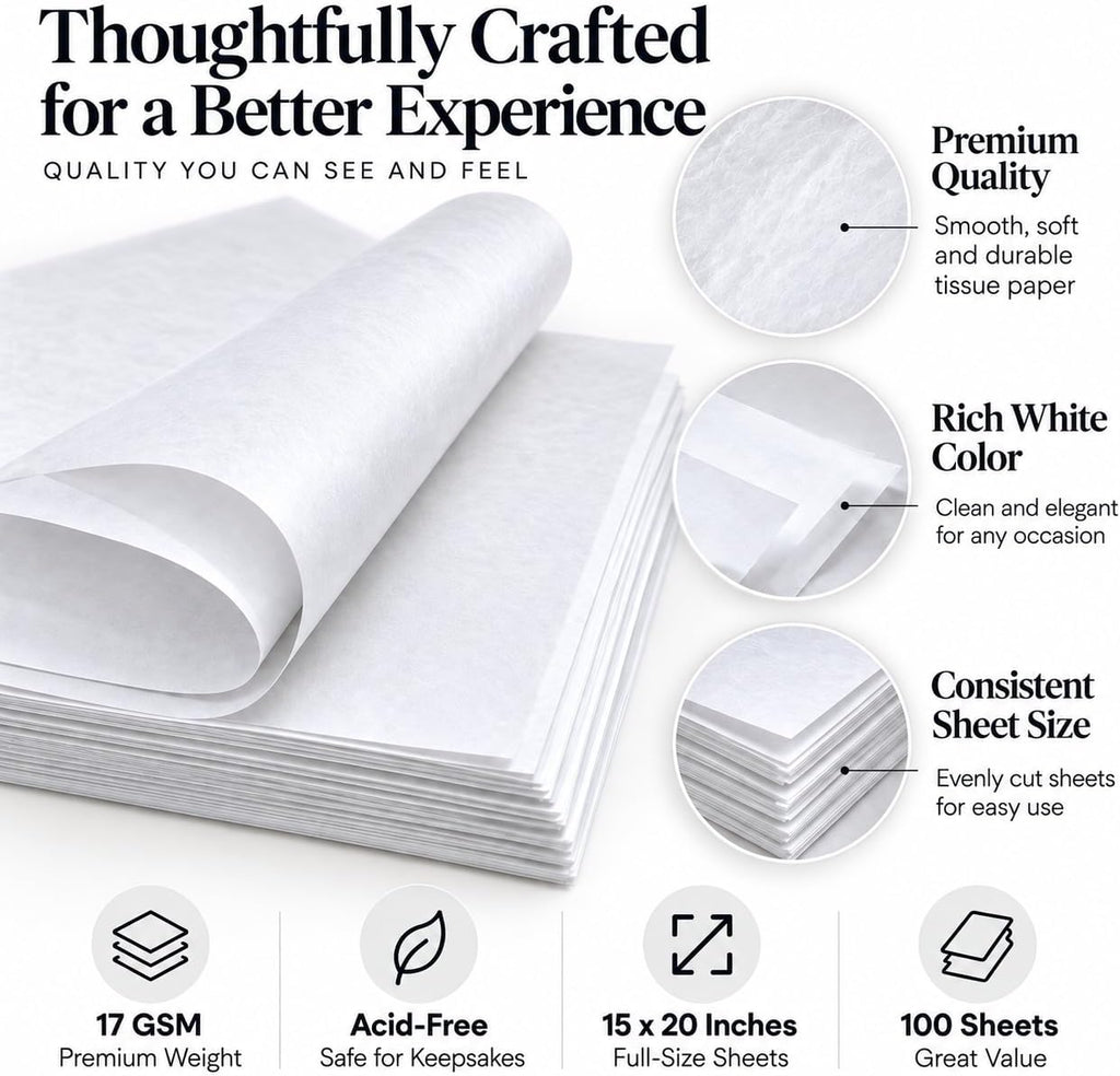 White Tissue Paper, 100 Sheets, 15 x 20 Inches, Gift Bags & Wrapping