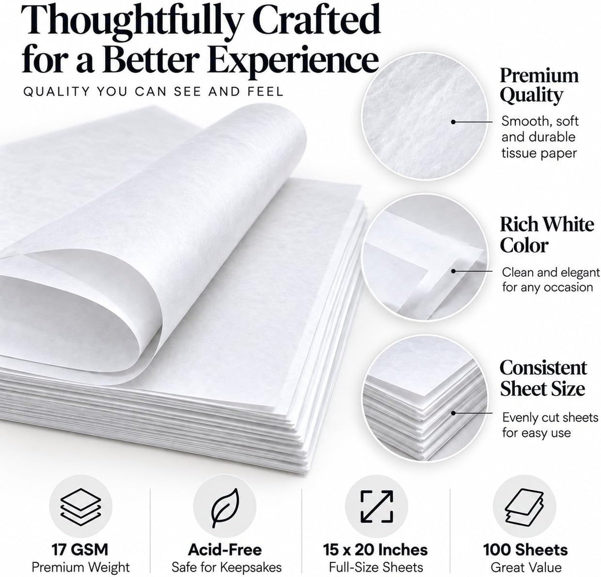 White Tissue Paper, 100 Sheets, 15 x 20 Inches, Gift Bags & Wrapping