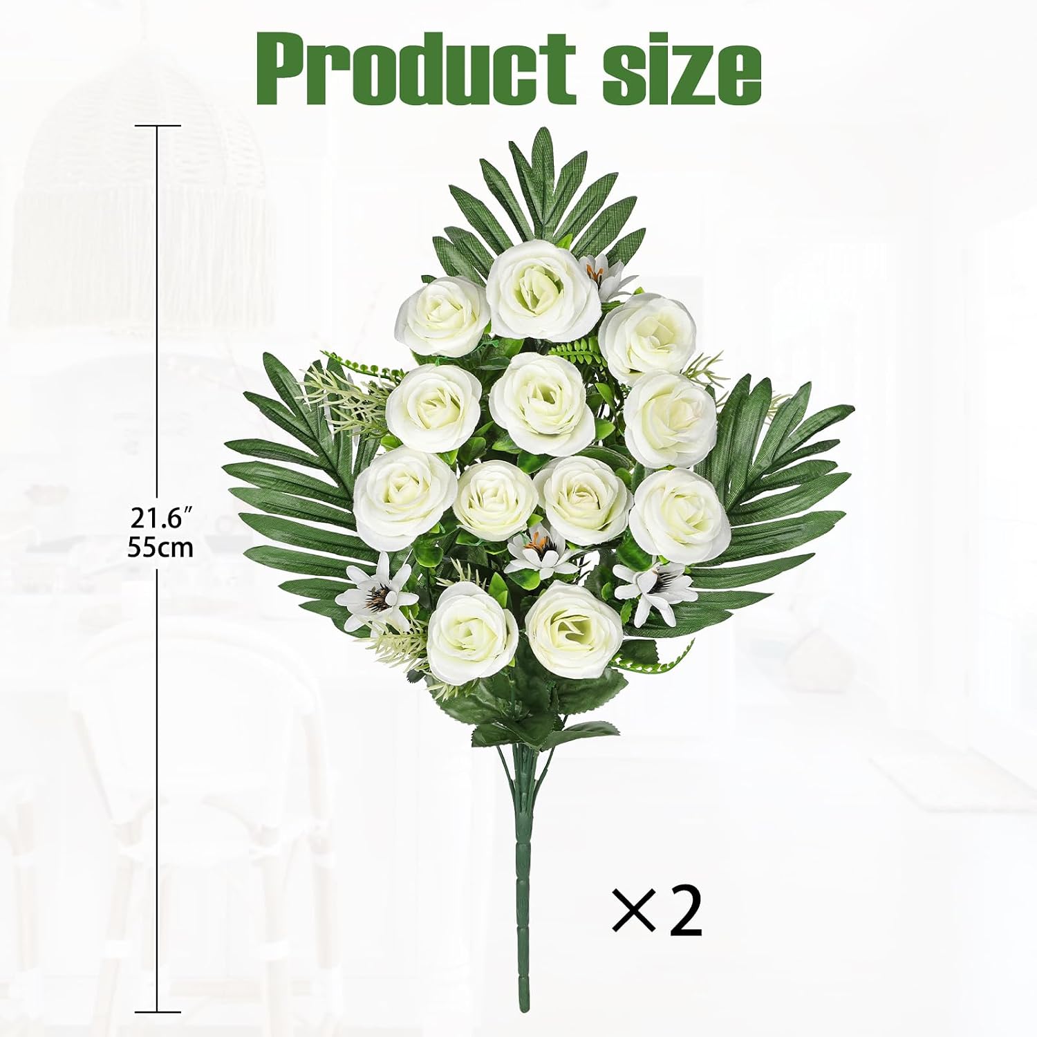 Artificial Cemetery Flowers for Grave, Set of 2 Silk White Faux Rose Bouquet Flowers Outdoor Graveyard Memorial