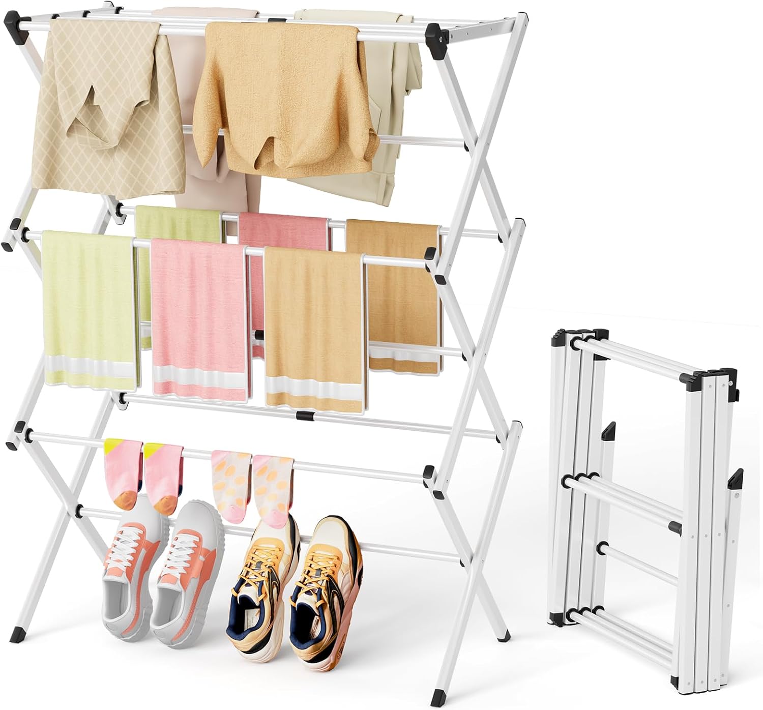 Space Saving Foldable Clothes Drying Rack, Extendable Rustproof Laundry Rack for Indoor Outdoor Use, No Assembly
