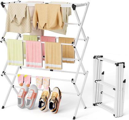Space Saving Foldable Clothes Drying Rack, Extendable Rustproof Laundry Rack for Indoor Outdoor Use, No Assembly