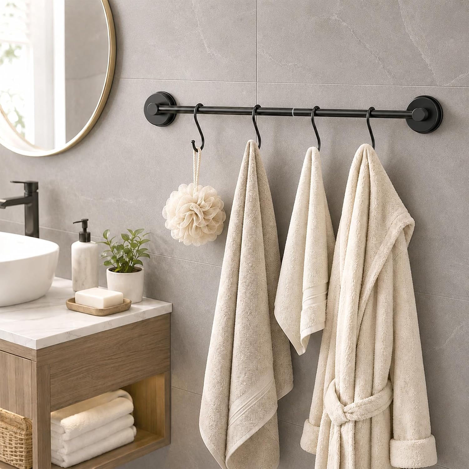 Adjustable Suction Cup Towel Bar – Towel Racks for Bathroom, 13.6-25 Inch, Stainless Steel Bathroom Towel Holder with