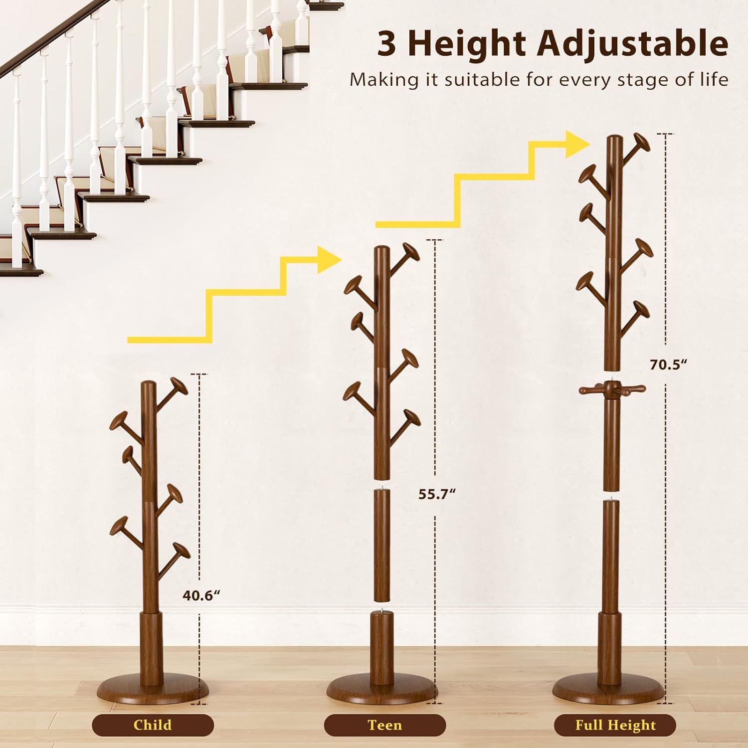 Solid Wood Coat Rack Freestanding Coat Tree with 10 Hooks for Bedroom, Livingroom, Entryway, Sturdy Coat Hanger Stand