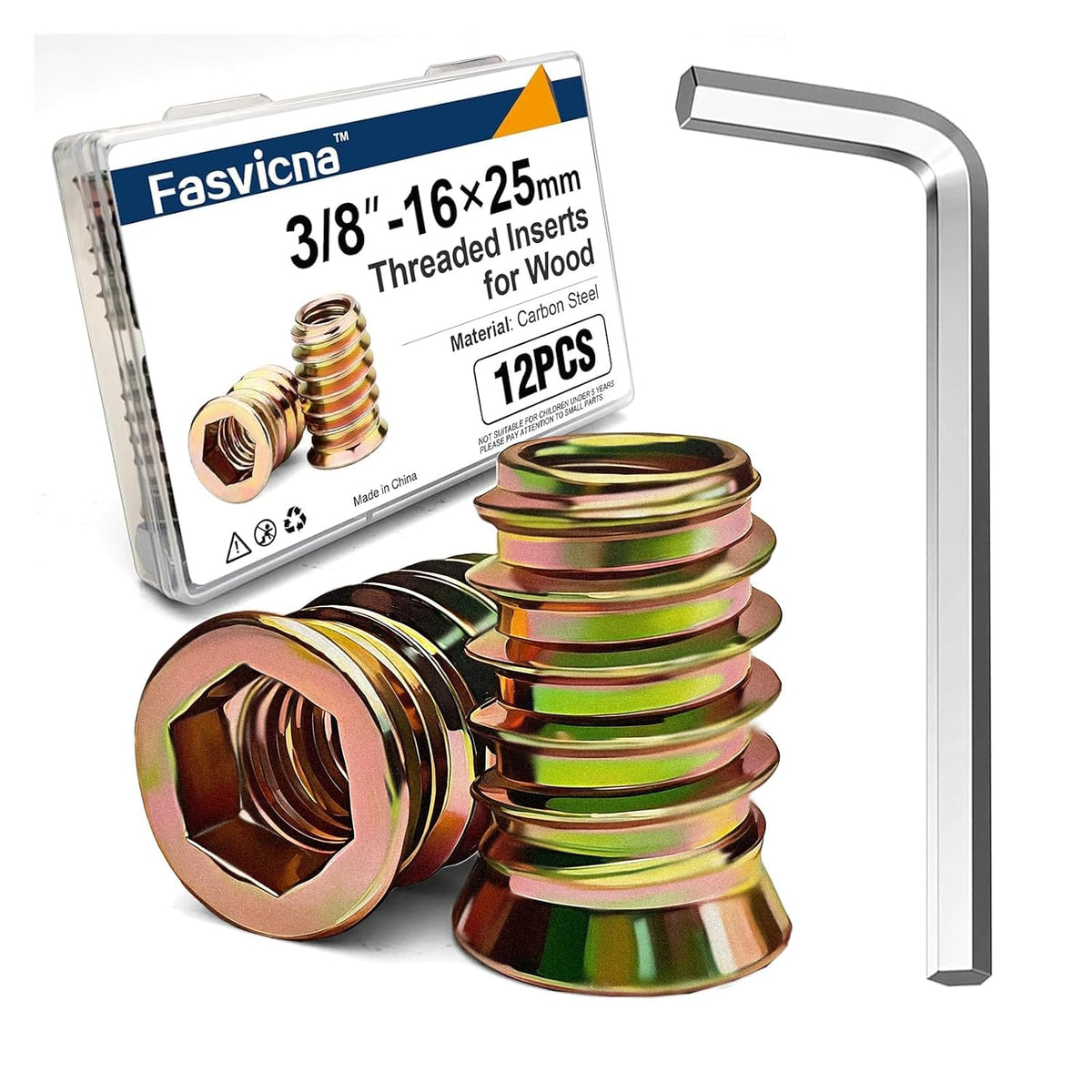 12PCS 3/8"-16 x 25mm Threaded Inserts for Wood, Hex Drive Nuts