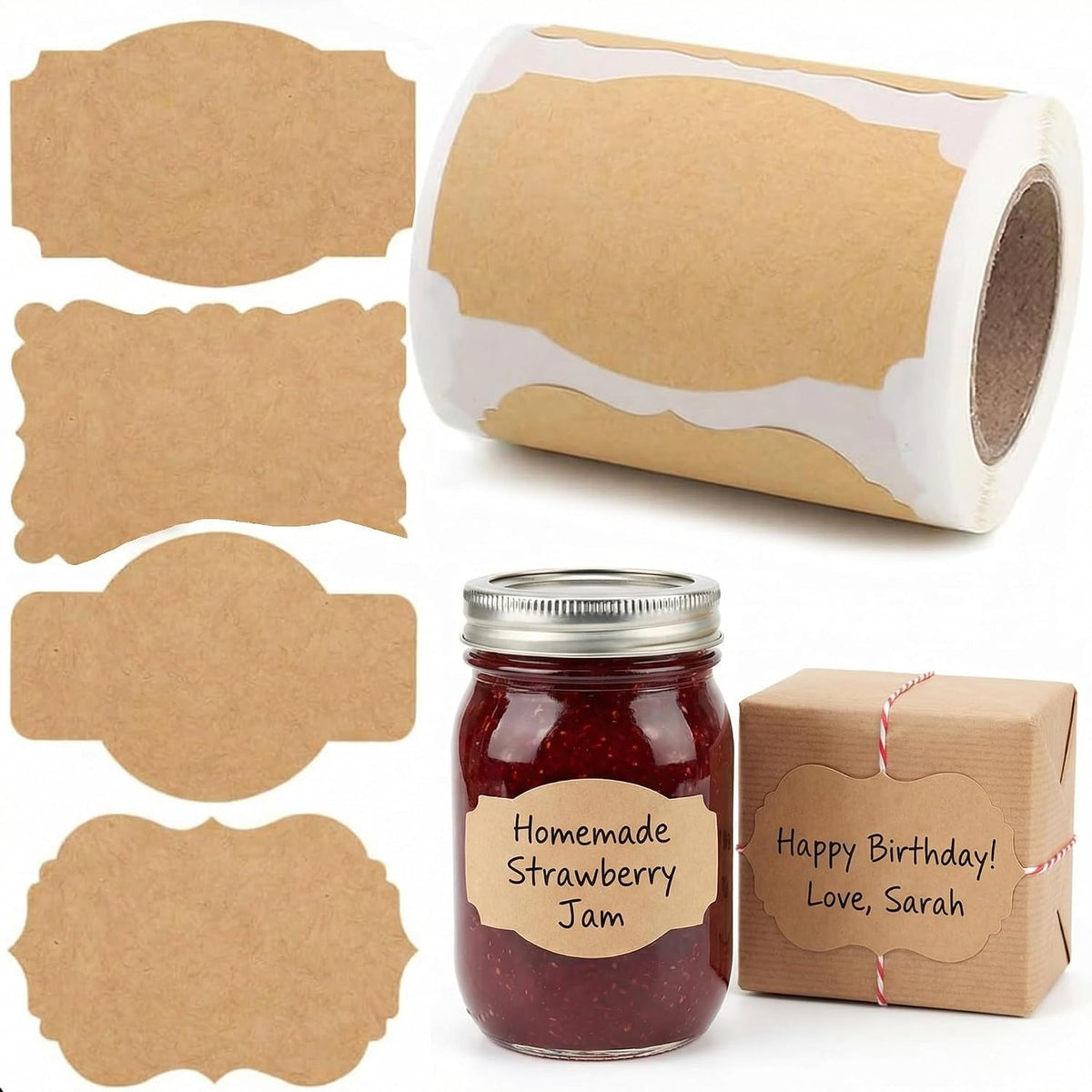 Kraft Label Stickers 200 Pack, 3 X 2 inch in 4 Designs