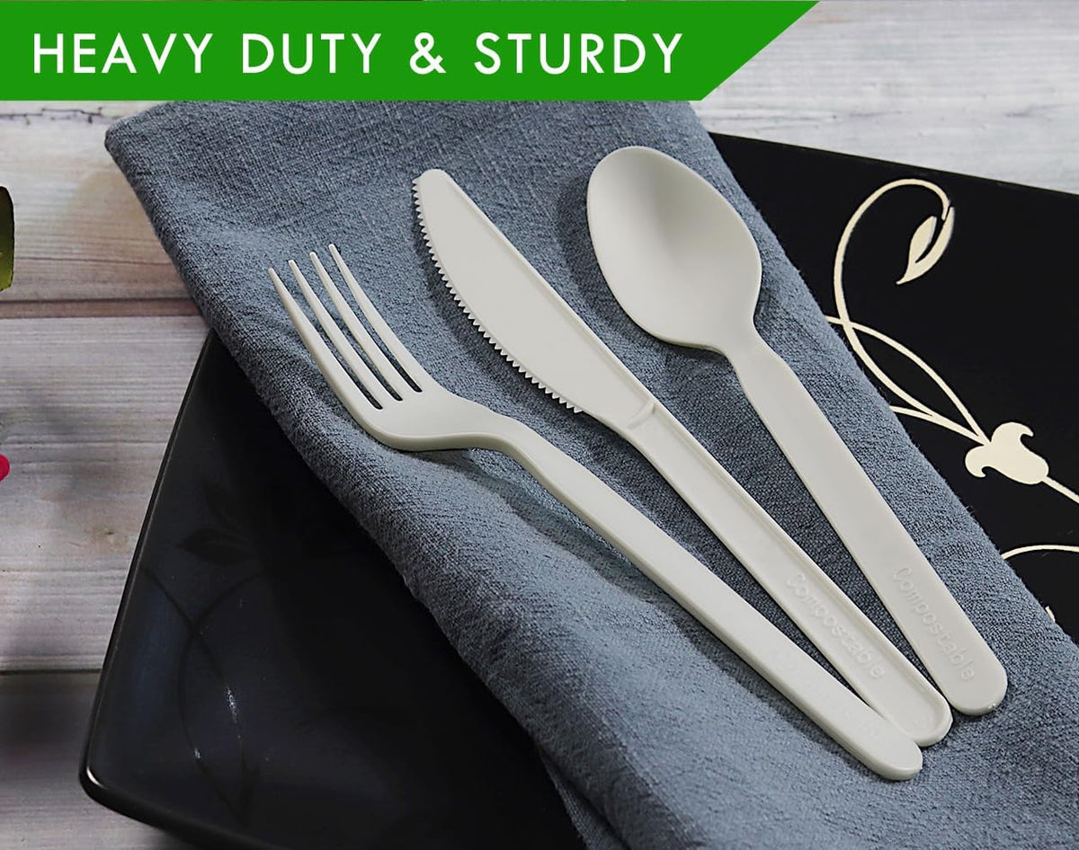 7" Heavy-duty Compostable Cutlery Kits, BPI Certified, 200 Sets (Fork, Spoon,Knife,Napkin 4 in 1) Individually