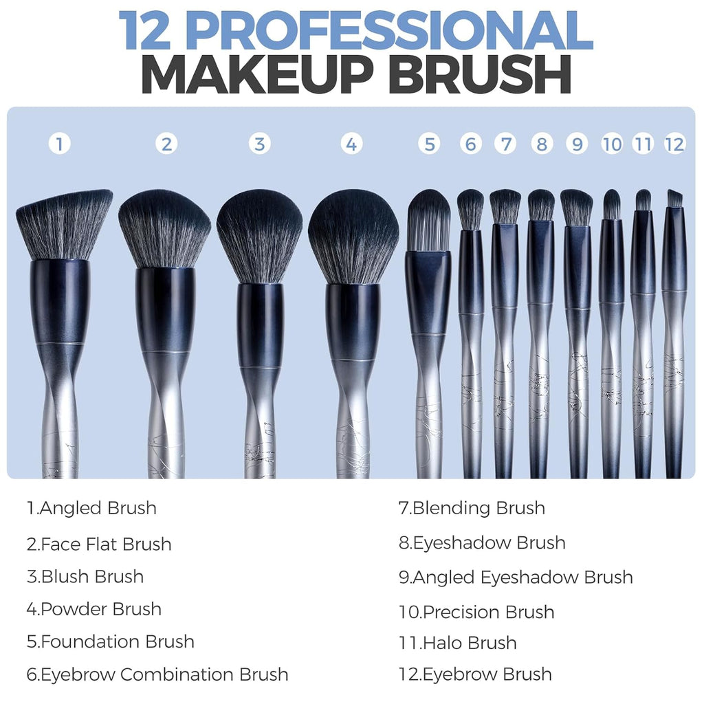 Professional Makeup Bruhses & 2 Pcs Makeup Sponges for FoundationPremium Synthetic Foundation Powder Concealers Eye
