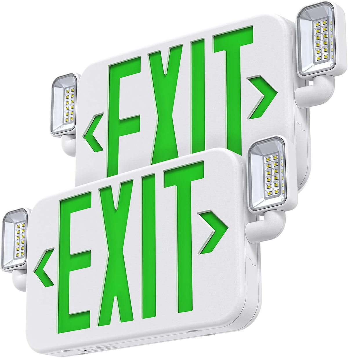 Led Combo Emergency Exit Sign Light with Two Adjustable Head Lights and Backup Battery,US Standard Green Letter