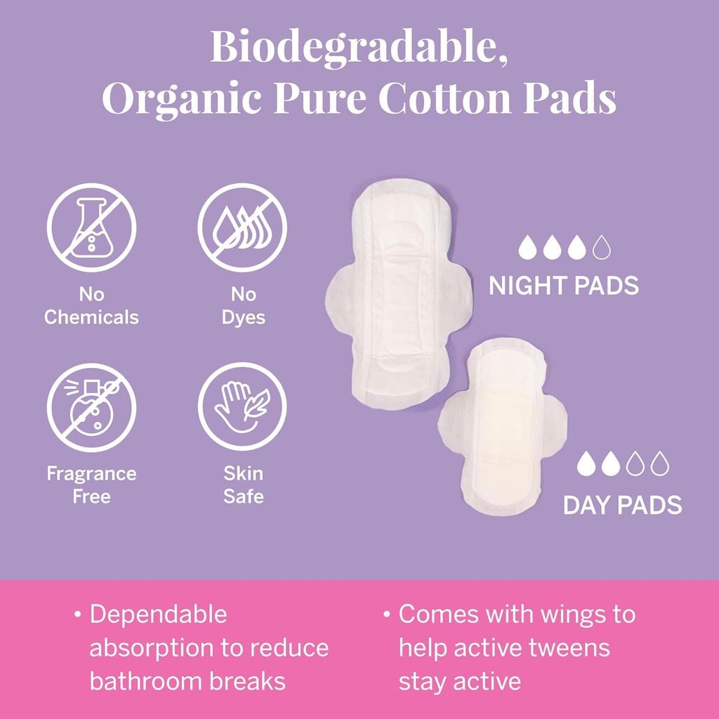 Pixie First Period Kit for Girls 9-12 - Best Organic Cotton Teen Pads with Wings - Period Tracking Bracelet &