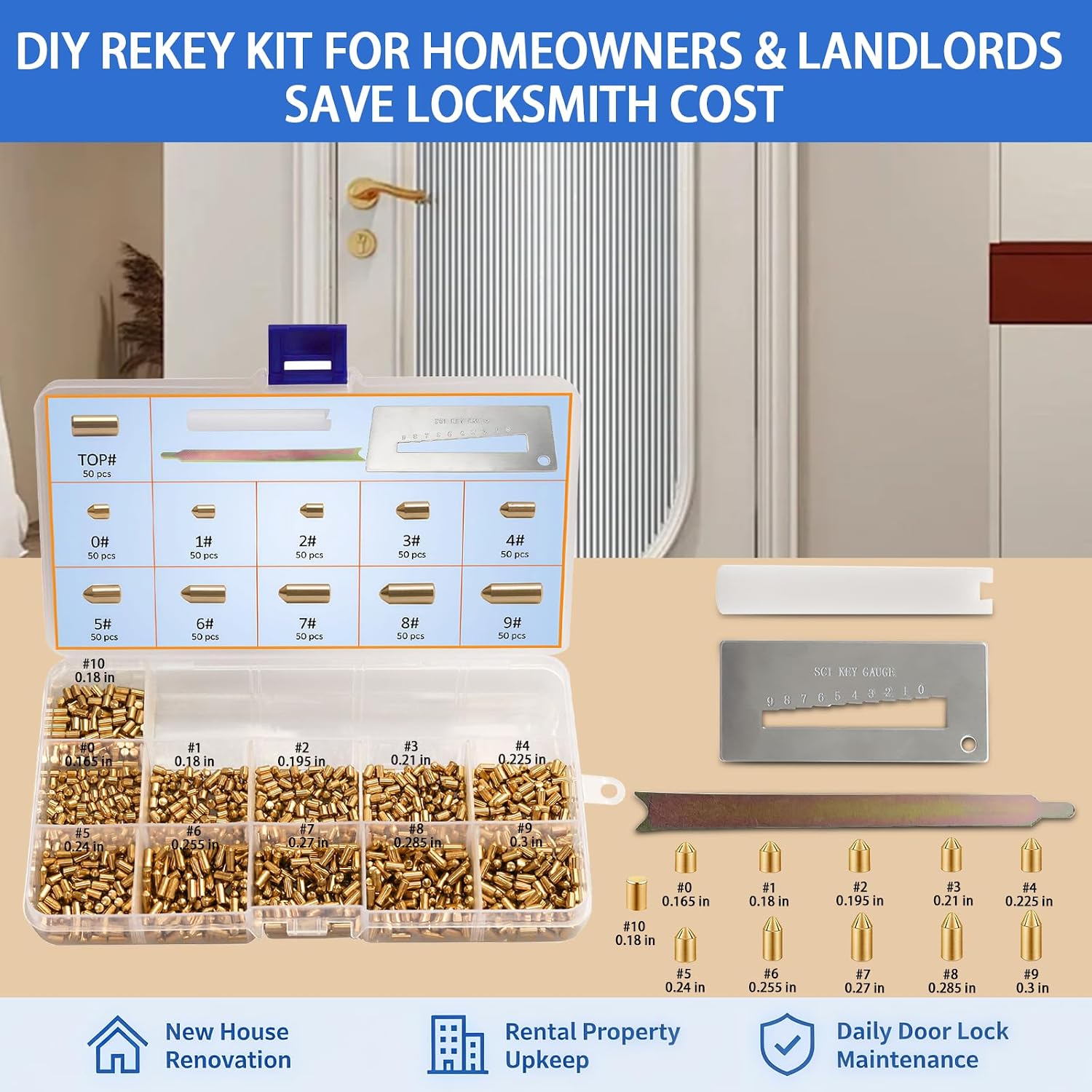 SC1 SC4 Keyway Rekey Kit for Schlage Locks(0-9, 50 Each) | DIY Lock Rekeying Set Include 3-Tool & Brass Bottom Pins
