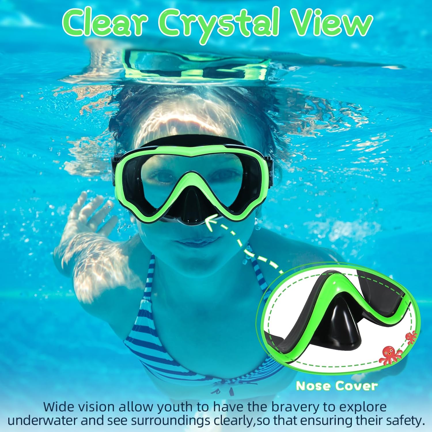 Kids Swimming Goggles Swim Mask with Nose Cover for Kids Youth 3-15, Anti-Shattered Lens UV Protection No-leak