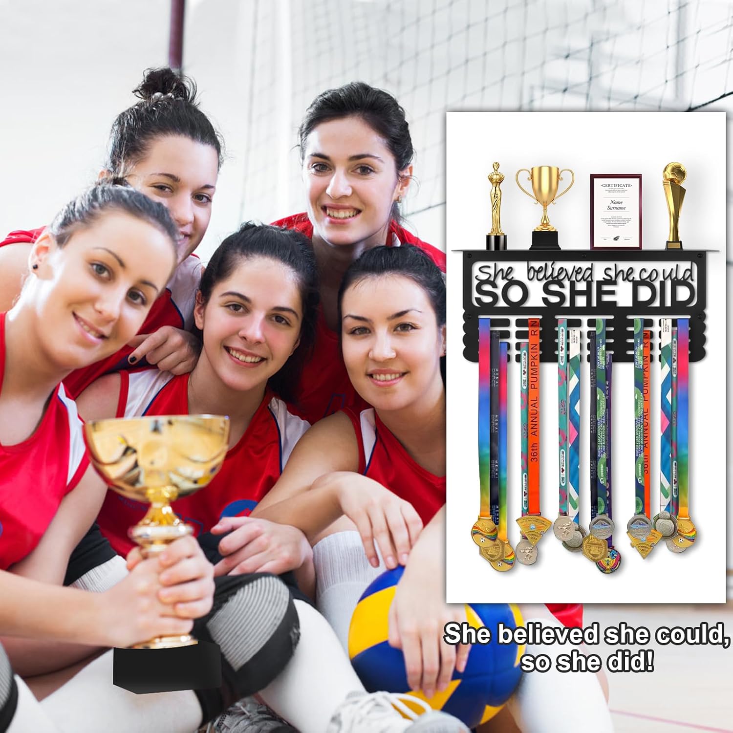 Medal Hanger Display with Trophy Shelf, Medal Holder Trophy Display Shelf | Upgraded Sports Ribbon Holder Simple Wall