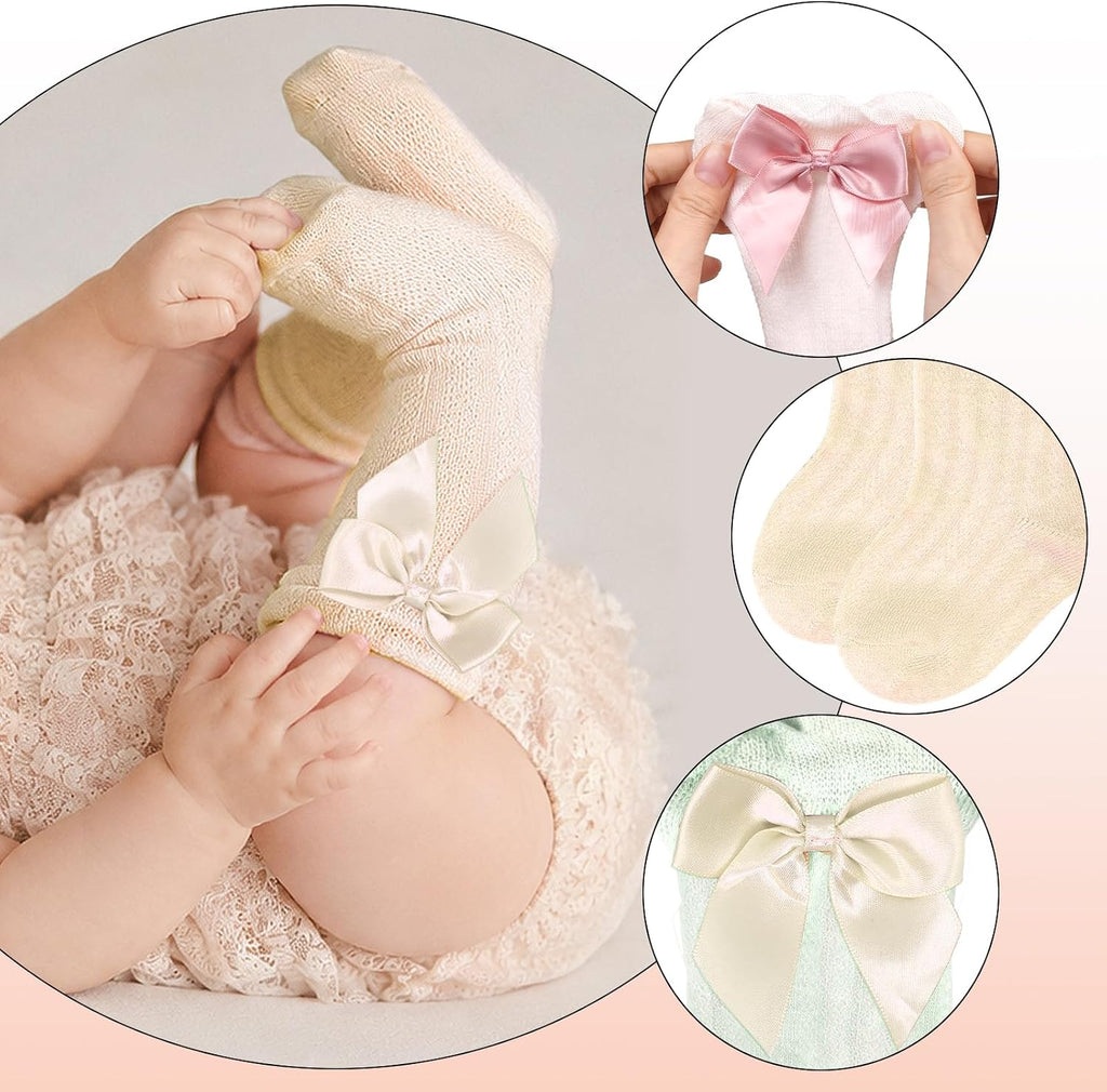 Baby Girls Knee High Socks Newborn Infants Cotton Bow Ruffle Long Socks | Toddlers Preemie Girl Long Socks, Non Slip