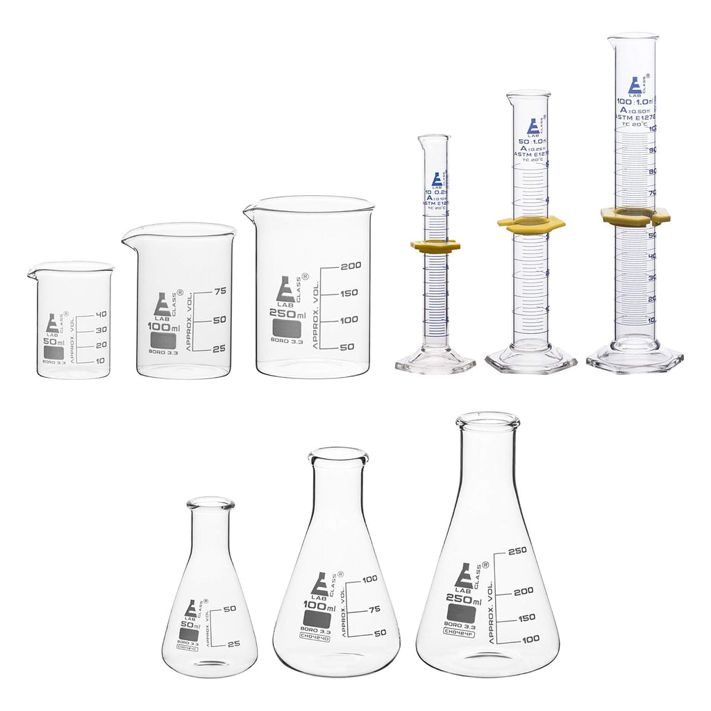 Laboratory Glassware Set, 9pcs - Includes Beaker Set (3pcs), Erlenmeyer Flask Set (3pcs), ASTM Class A Graduated