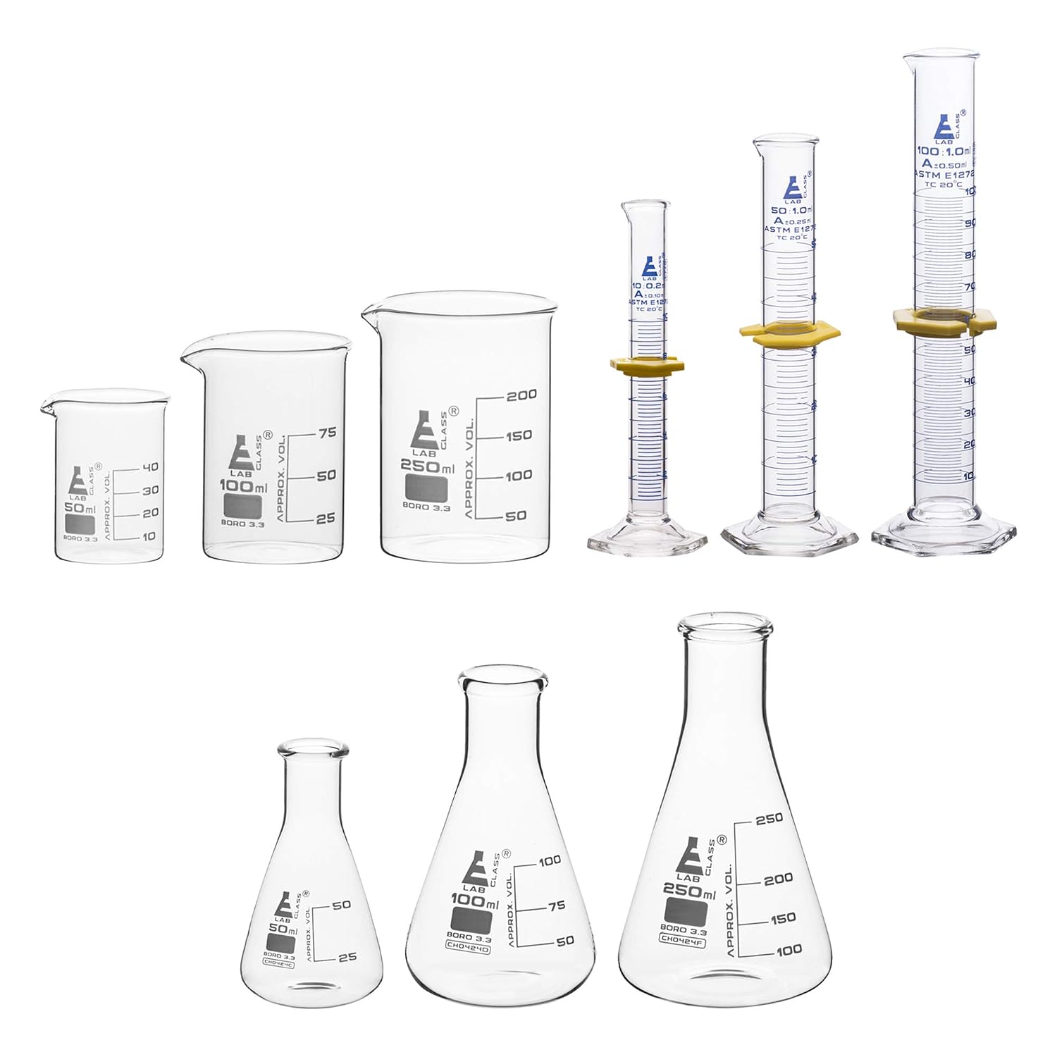 Laboratory Glassware Set, 9pcs - Includes Beaker Set (3pcs), Erlenmeyer Flask Set (3pcs), ASTM Class A Graduated