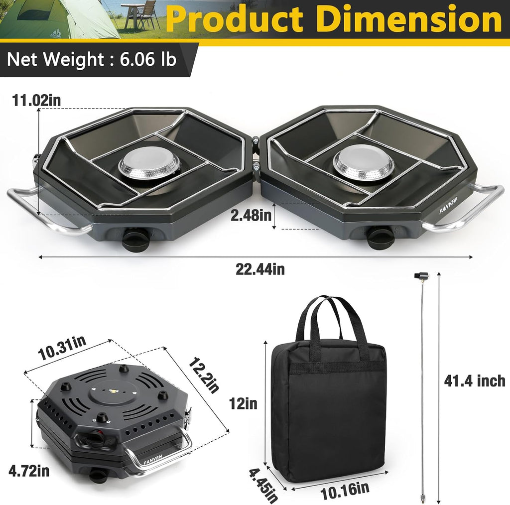 2 Burner Camping Stove, 20,000 BTU Propane Camp Stove with Wiandscreen | Foldable Portable Design with Storage Bag