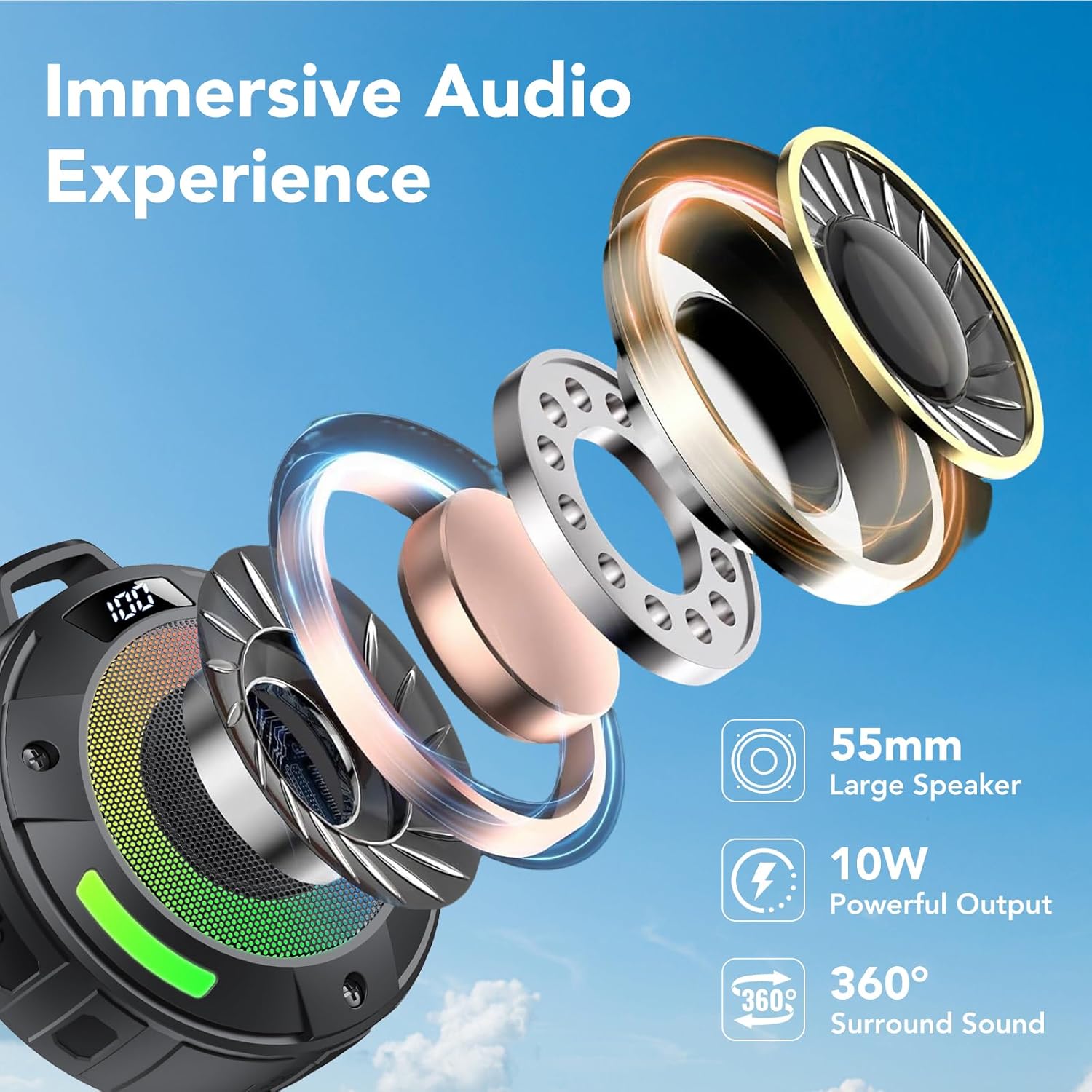 Bluetooth Speaker, 2026 Portable Wireless Shower Speaker, Digital Display Portable Speaker with Detachable hook ,IPX7