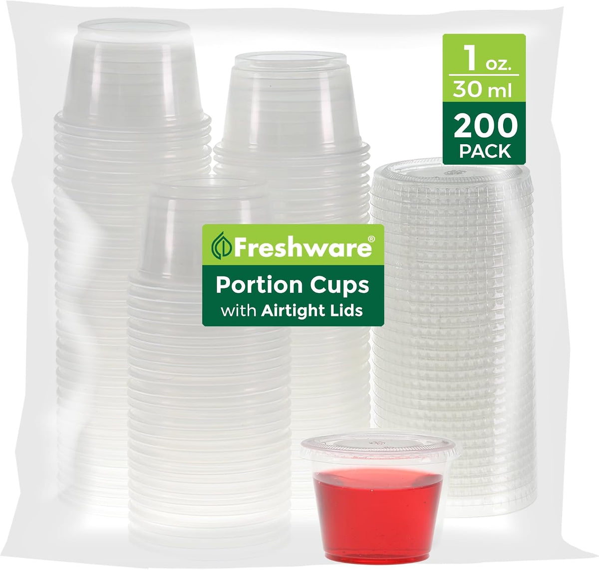 Plastic Portion Cups with Lids [1 Ounce, 200 Sets] Disposable Plastic Cups for Meal Prep, Salad Dressing, Jellos Shot