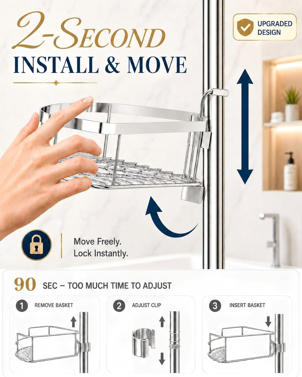Rustproof Shower Corner Caddy Organizer for Bathroom, 4 Adjustable Shelves with Tension Pole