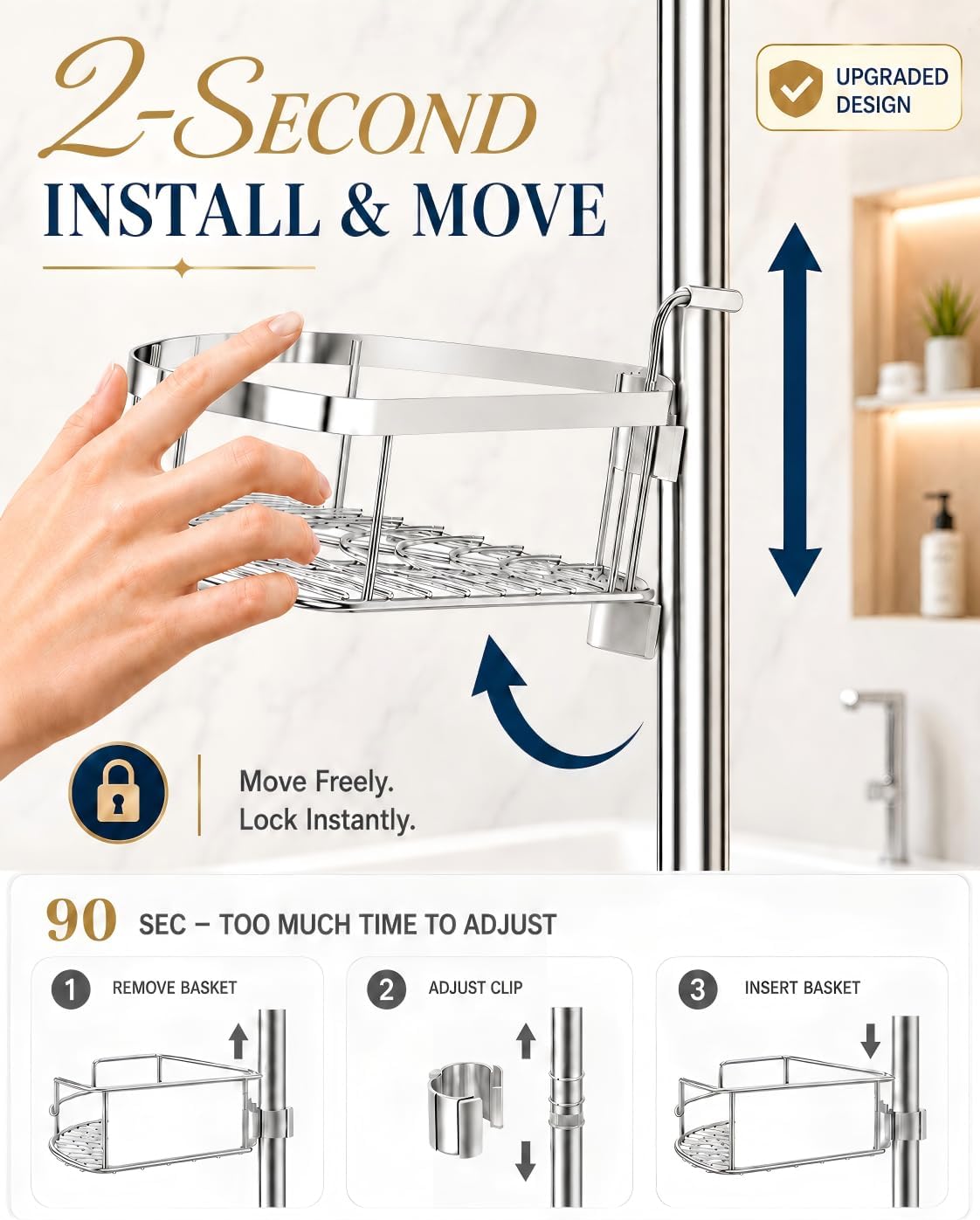 Rustproof Shower Corner Caddy Organizer for Bathroom, 4 Adjustable Shelves with Tension Pole