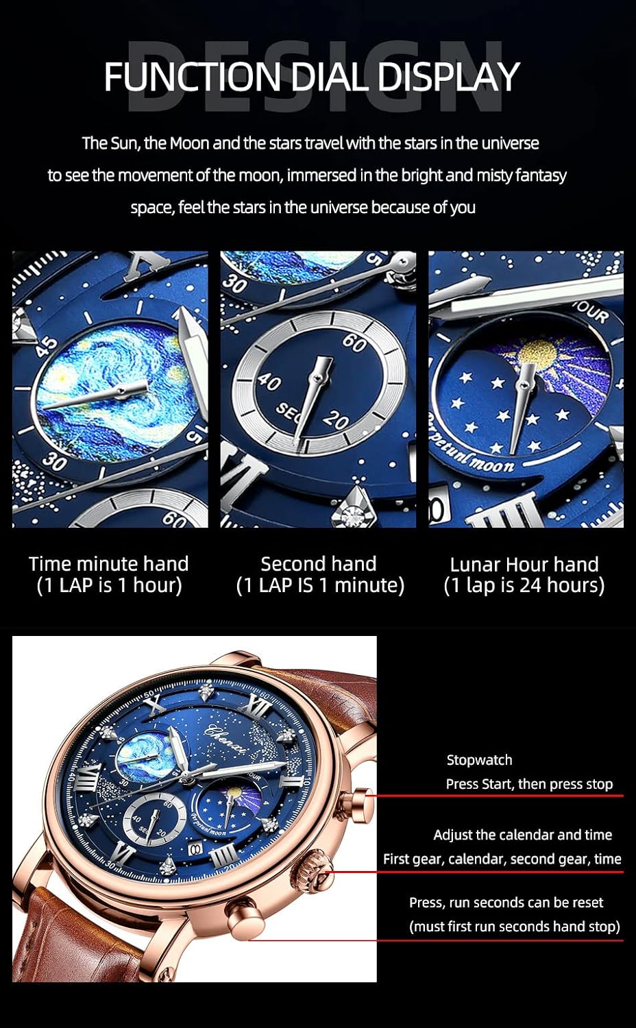Men Classic Watches Chronograph Analog Watch Business Dress Leather | Waterproof Luminous Chronograph Starry Sky Moon
