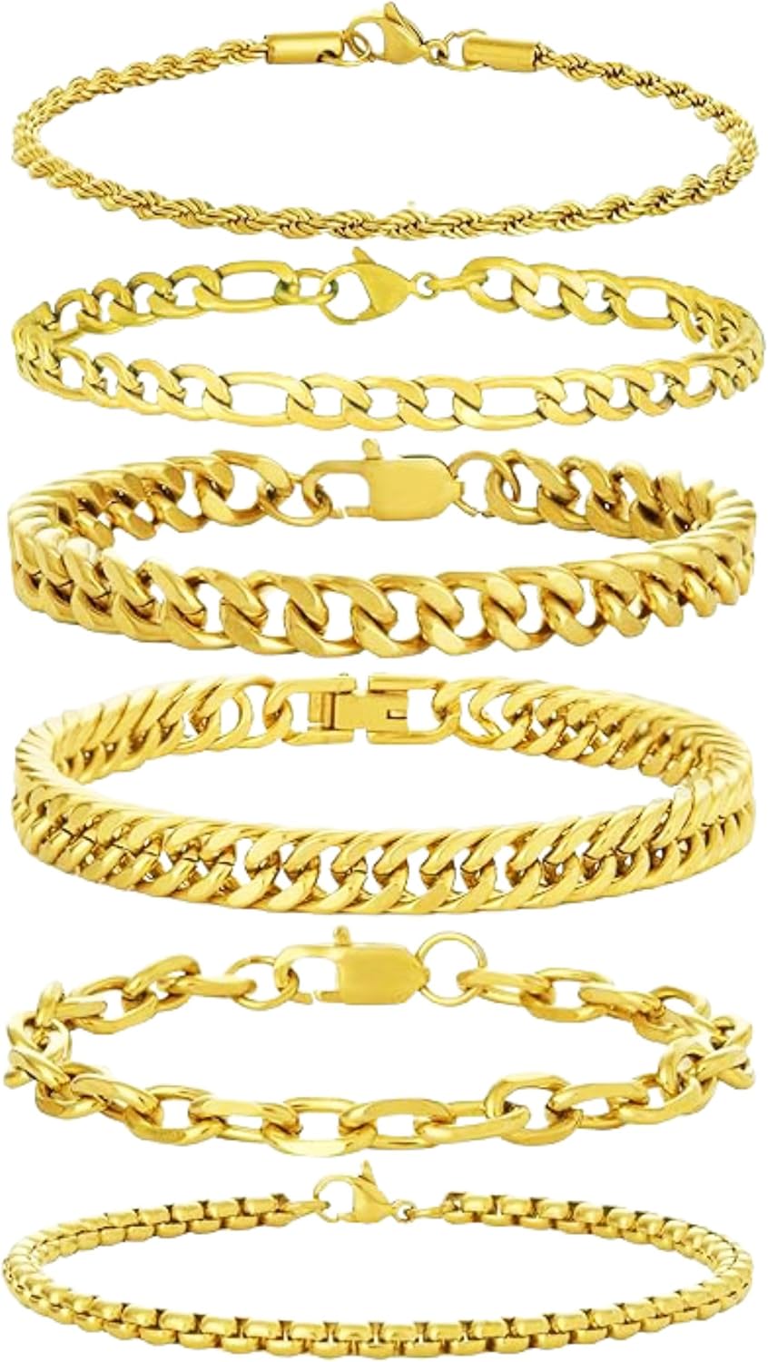 6pc Silver/Gold/Black Stainless Steel Bracelets for Men Gifts | 6.5/7/7.5/8.3/9 Inches Cuban Link Chain Bracelets Set