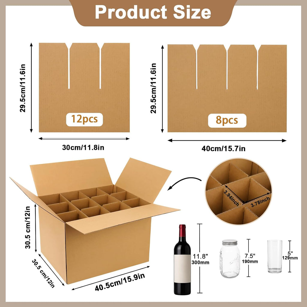 4 Set Moving Boxes with Glasses Divider Kits, Glass Packing Kit with 16x12x12 In Box, 3x4 Grid Corrugated Dividers