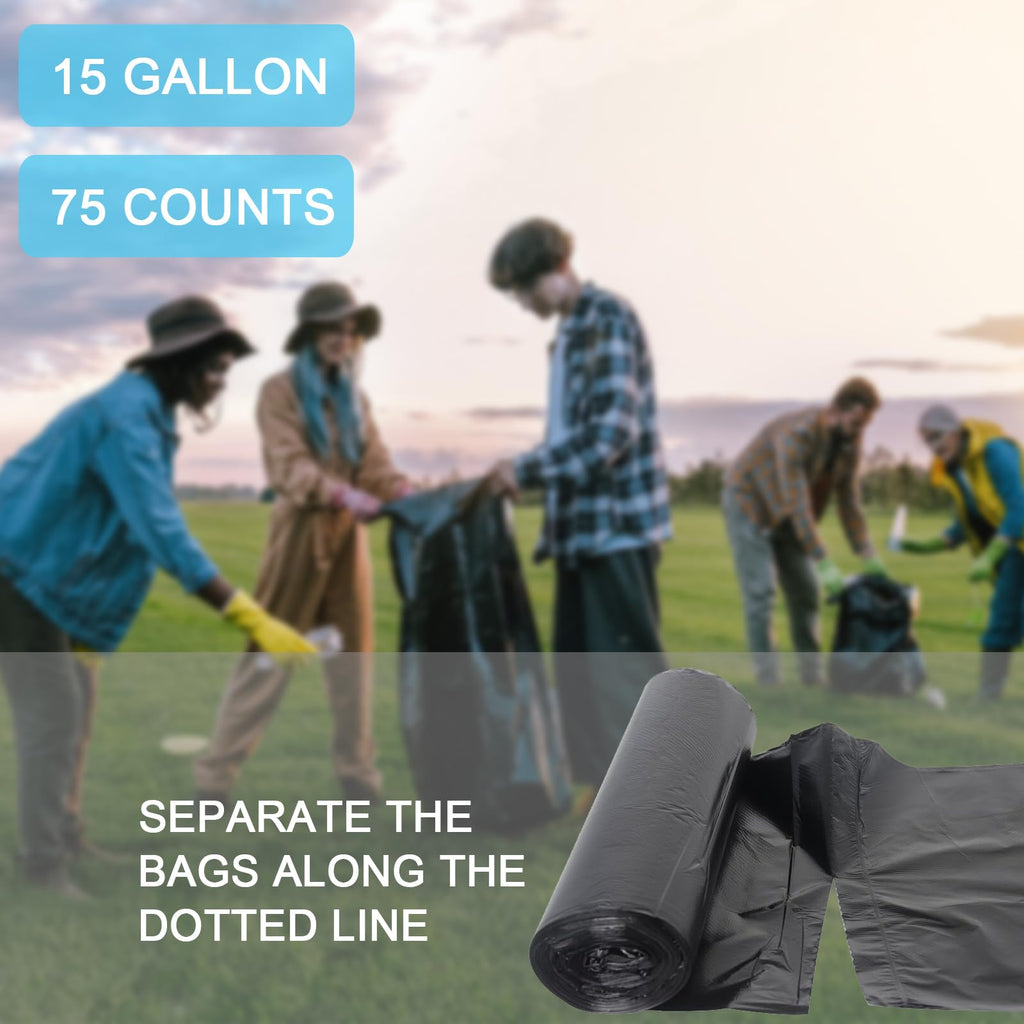 15 Gallon Black Trash Bags, 75 Count