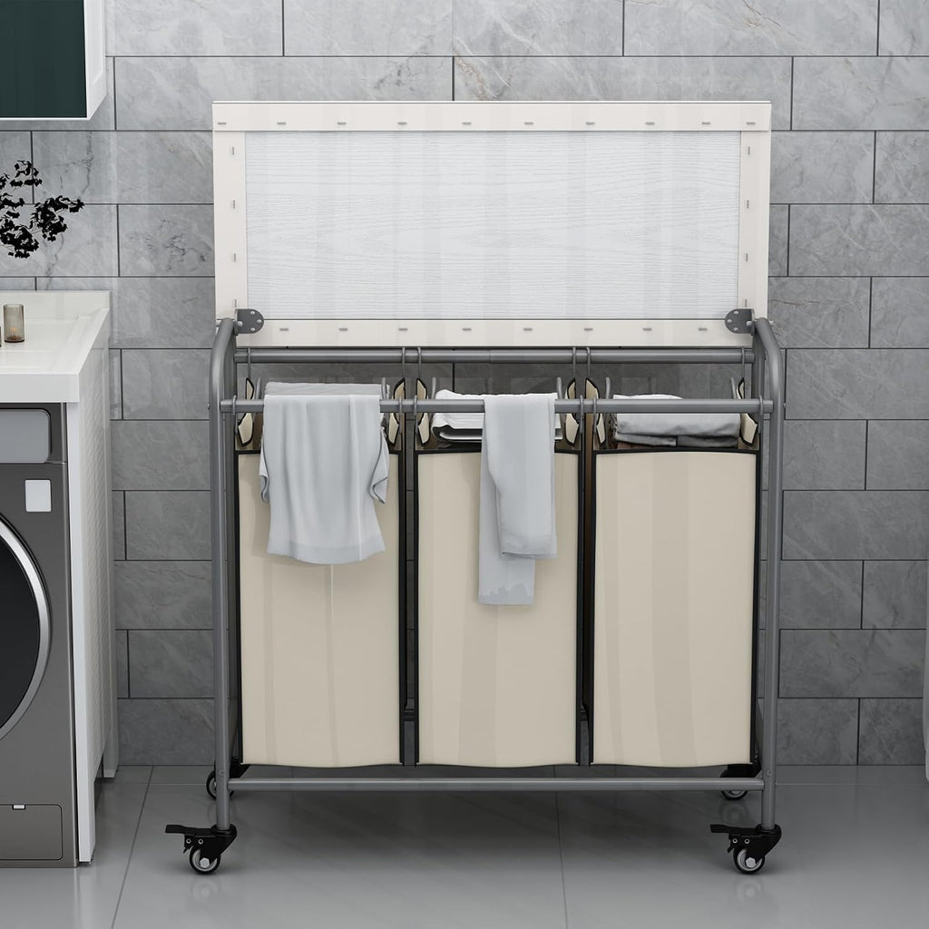 3-Bag Laundry Hamper with Ironing Board, Beige 135L Laundry Sorter | Laundry Room Organization with Heavy Duty