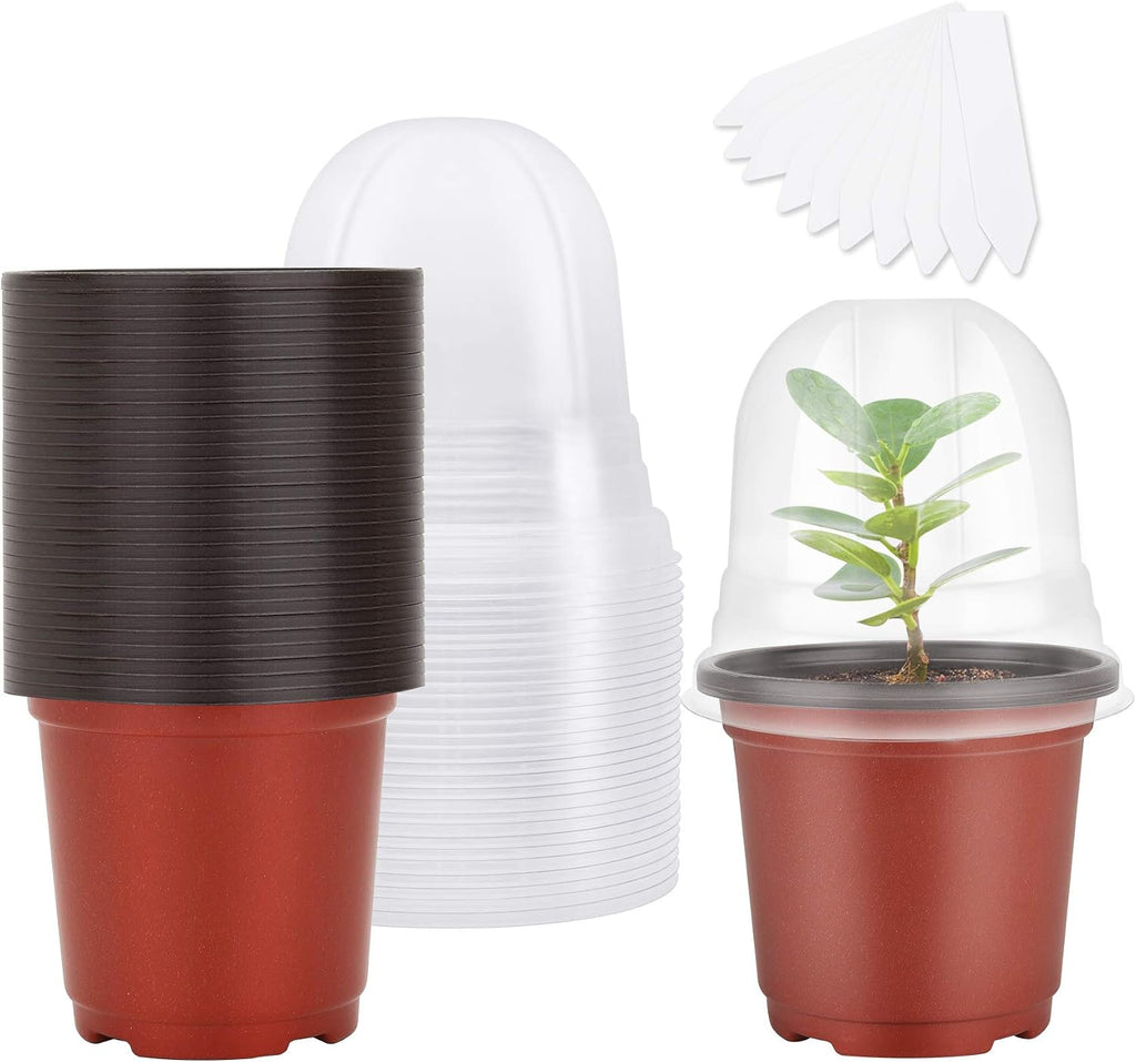 Nursery Pots with Humidity Dome, 4" Seed Starting Pot 30 Pack, Red | Reusable & Soft Plastic Pots, 8 Drainage Hole