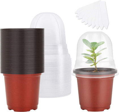 Nursery Pots with Humidity Dome, 4" Seed Starting Pot 30 Pack, Red | Reusable & Soft Plastic Pots, 8 Drainage Hole