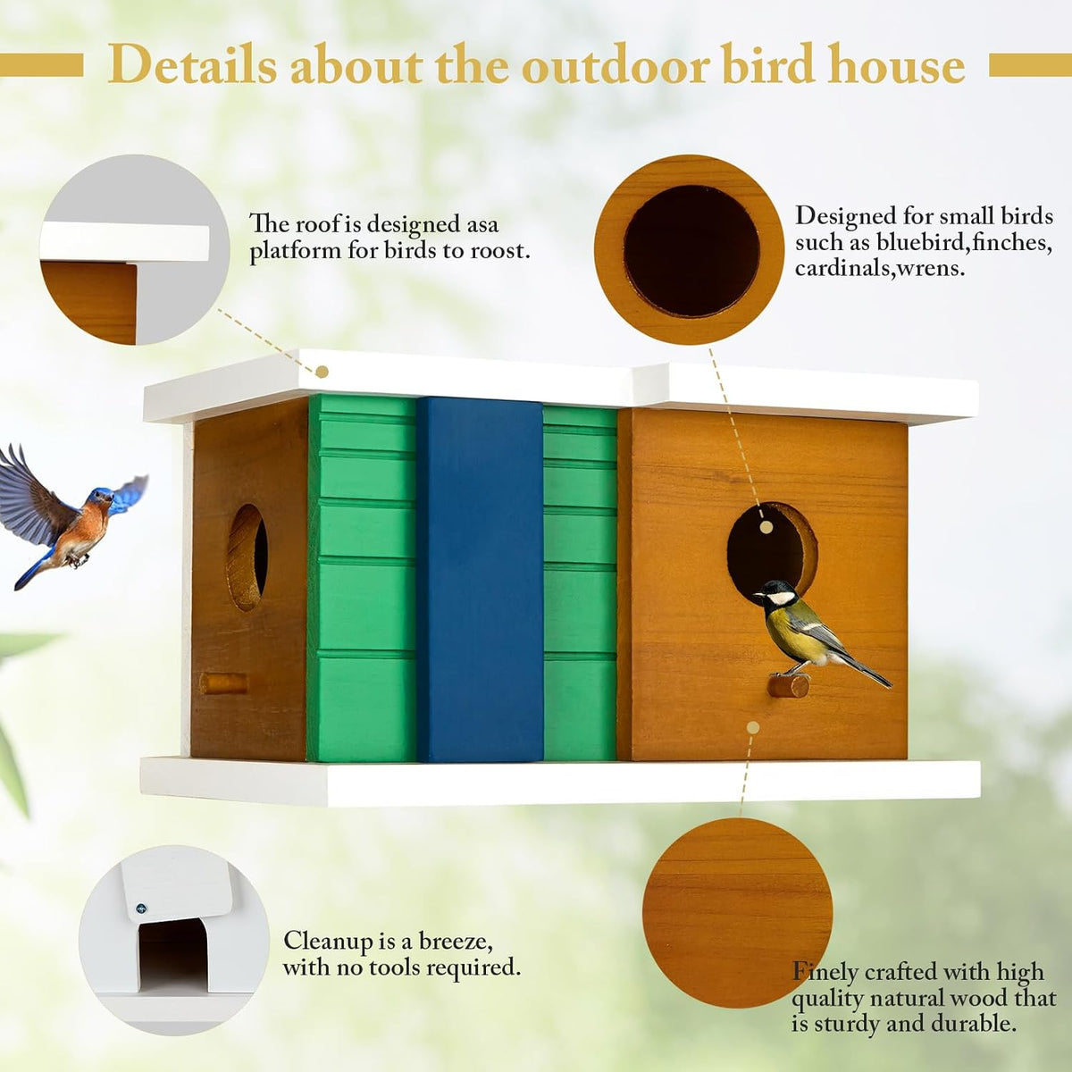 Wooden Birdhouse with 2 Entrances and Rear Access