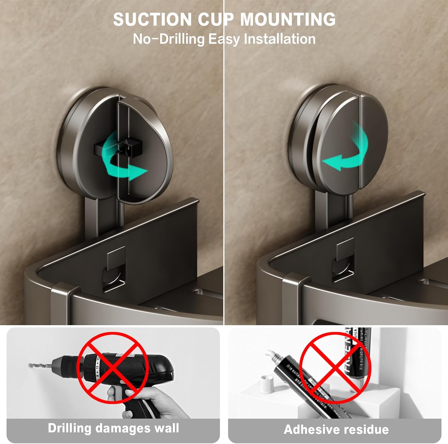 Corner Shower Caddy Suction Cup, 2 Pack Shower Shelves No Drilling, Showers Organizer Storage with Towel Bar &