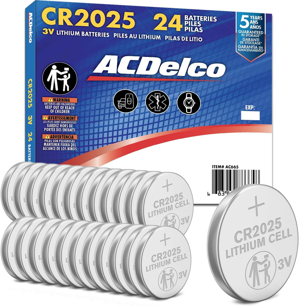 ACDelco 24-Count CR2025 Batteries, Lithium 3V Coin Cell Button Battery Pack for Watch and Small Electronics, 5 Year