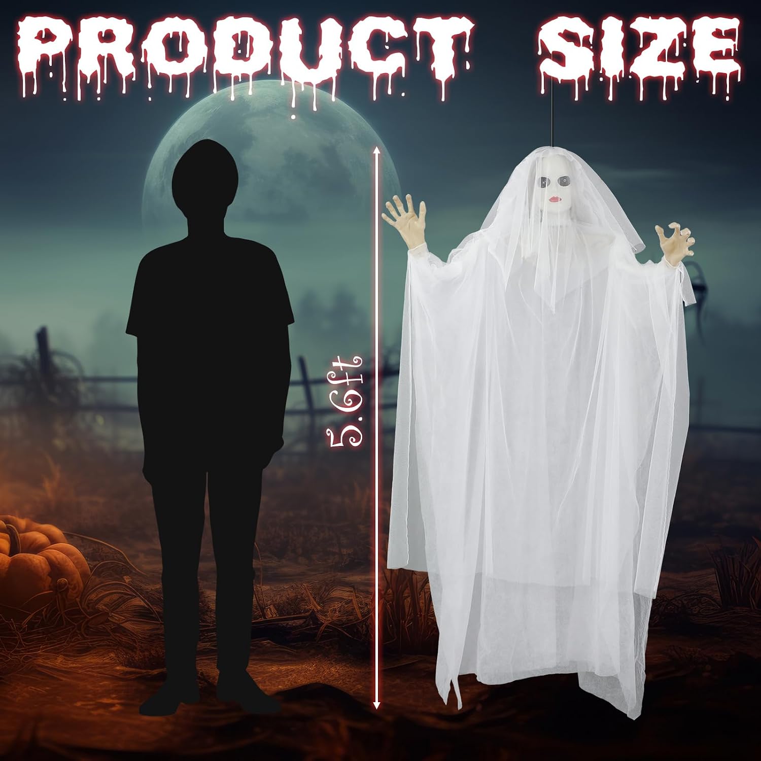 Halloween Ghost Bride Decoration Ghost Bride Halloween Prop with Colorful LED Lights Sound Effects 66 Inch Hanging