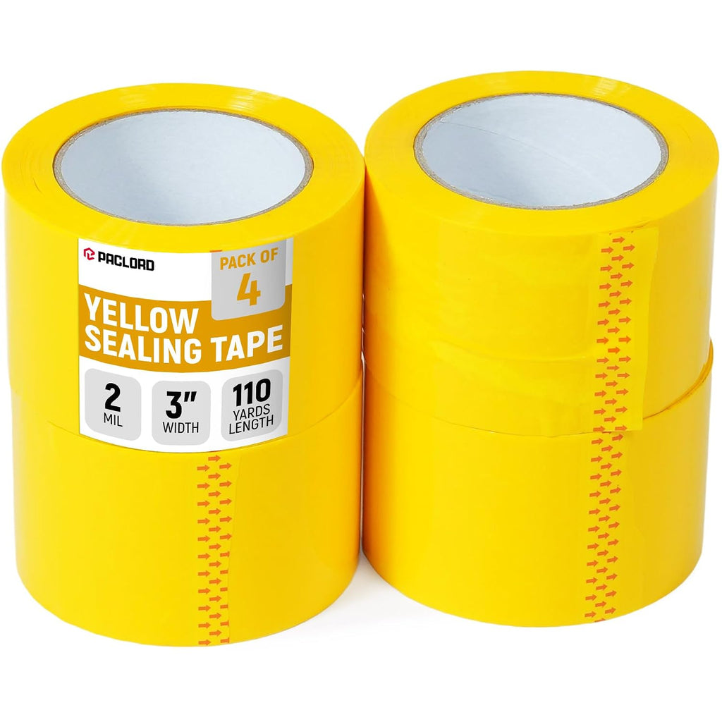 3" x 110 Yards Yellow Packing Tape, 4 Rolls - 2.0 Mil Carton Sealing Tape