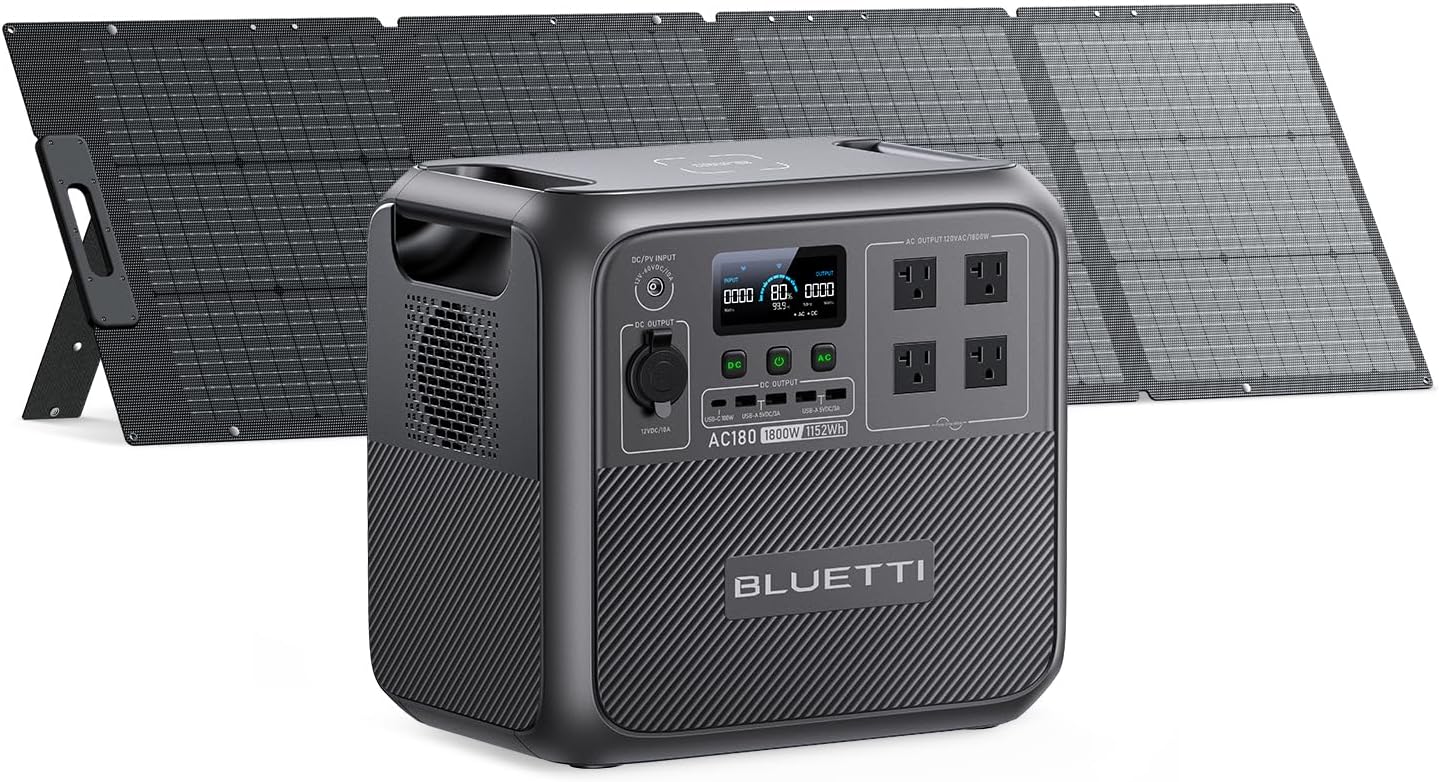 AC180 Solar Generator with 200W Solar Panel Included, 1152Wh 1800W | LFP Battery w/ 4 1800W (2700W Peak) AC Outlets