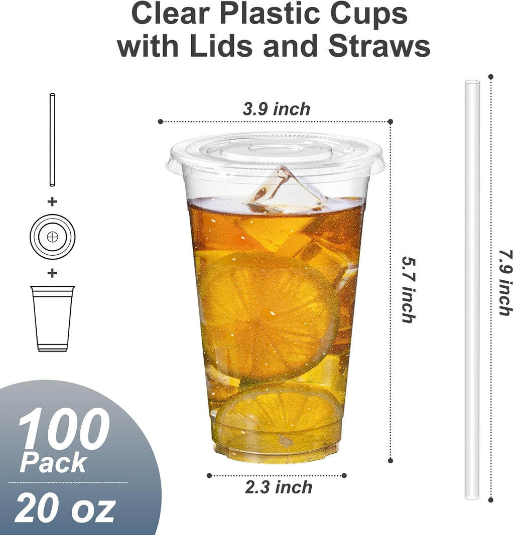 100 Pack - 20 oz Clear Plastic Cups with Lids and Straws