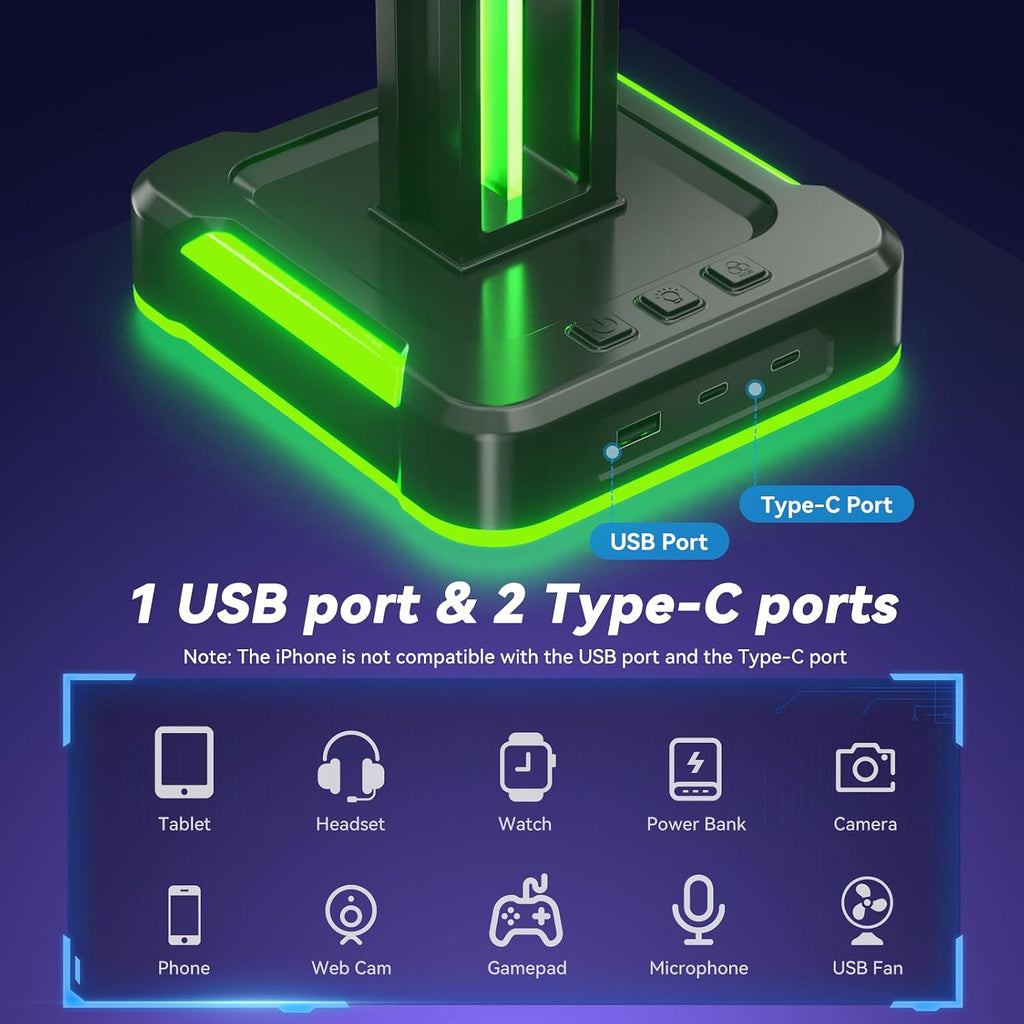 RGB Gaming Headphone and Controller Stand with 2 Type-C and 1 USB Ports | Headset Stand with 9 Light Modes, Headset