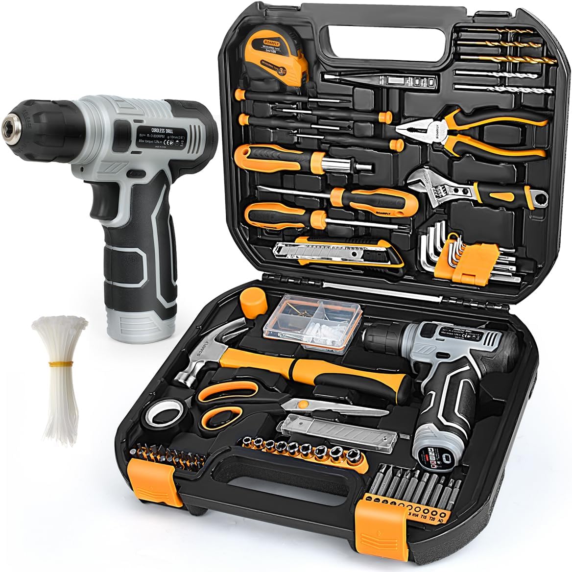 Upgraded 180 Piece Tool Set, Tool Kit with 8V Cordless Drill Set, General Household Hand Drill Kit for Men and Women