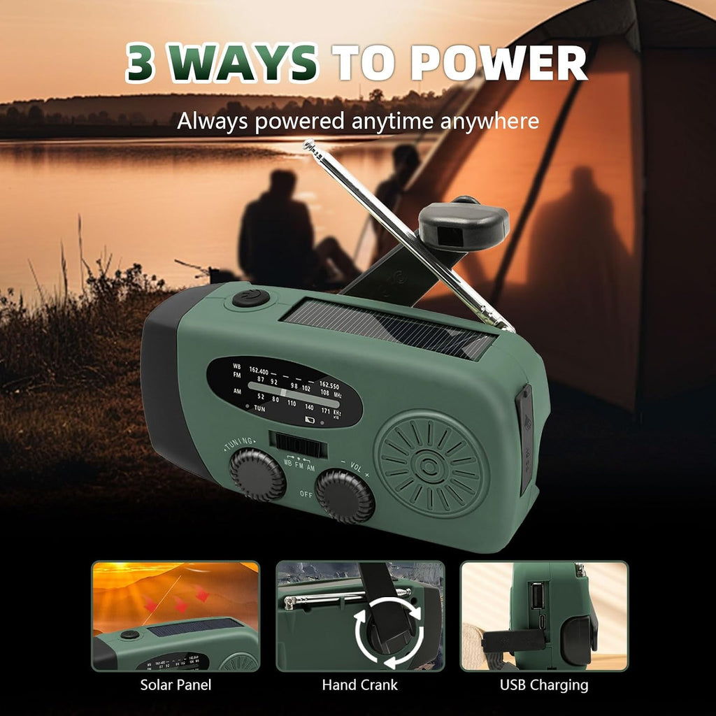 7400mWh Emergency Weather Radio, Portable Solar Hand Crank Radio AM/FM/NOAA, with 3 Mode Flashlight & Reading Lamp
